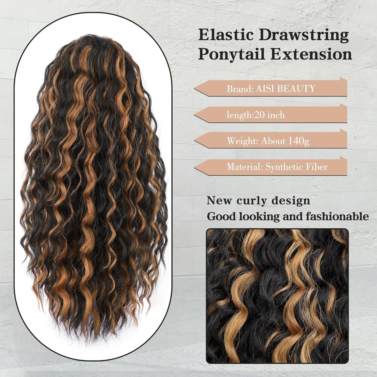 AISI BEAUTY Curly Ponytail Extension, Drawstring Ponytail Extension for Black Women Synthetic 20 Inch Clip in Pony tails Hair Extensions Long Curly Wavy Fake Hairpieces for Daily Use(H1B/27)