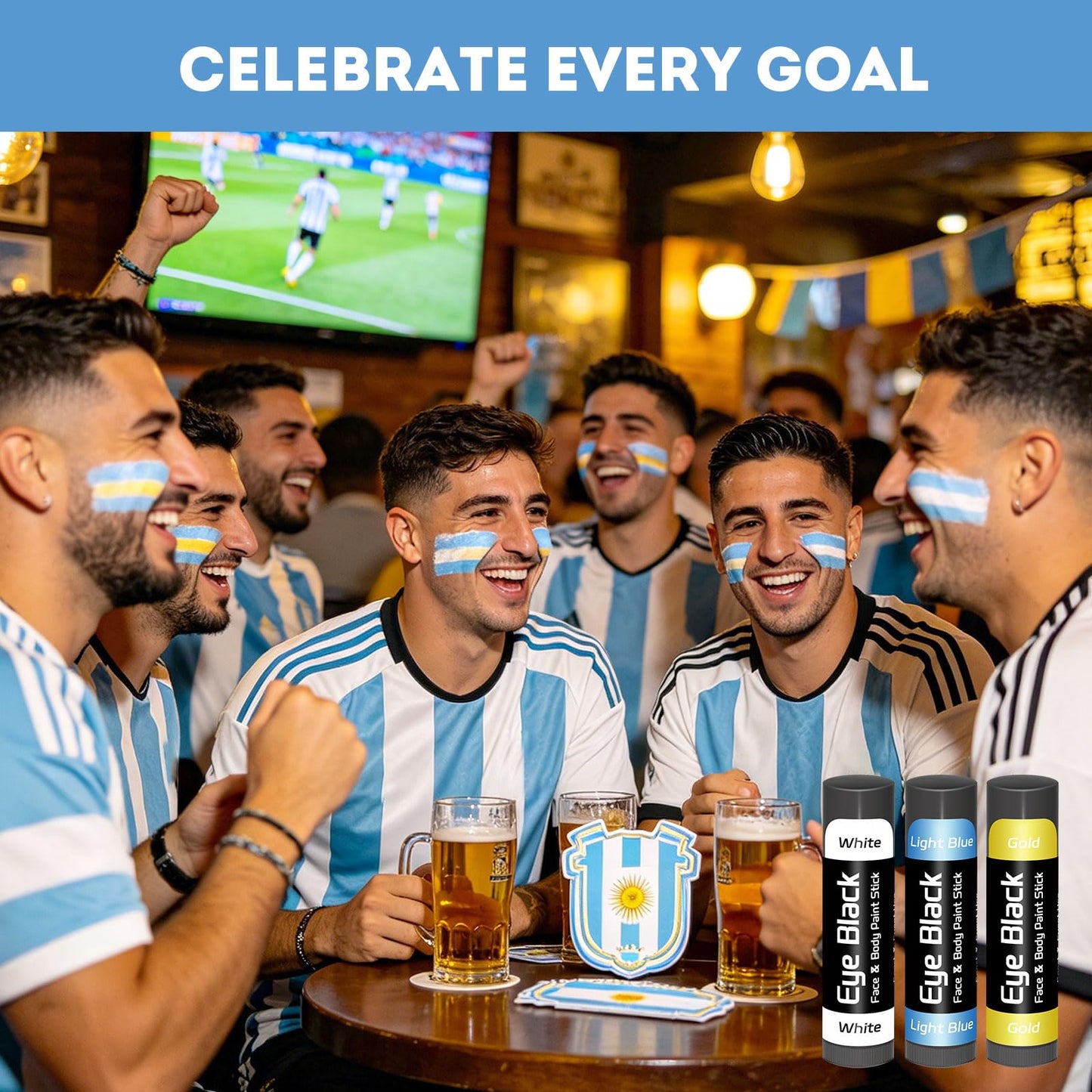 14 Pack Argentina Eye Black Stick , Blue White Gold Face Paint for Football Baseball Softball, Glare Reducing Sports Eye Black for Athletes, Soccer Fan Game Day World Cup Accessories