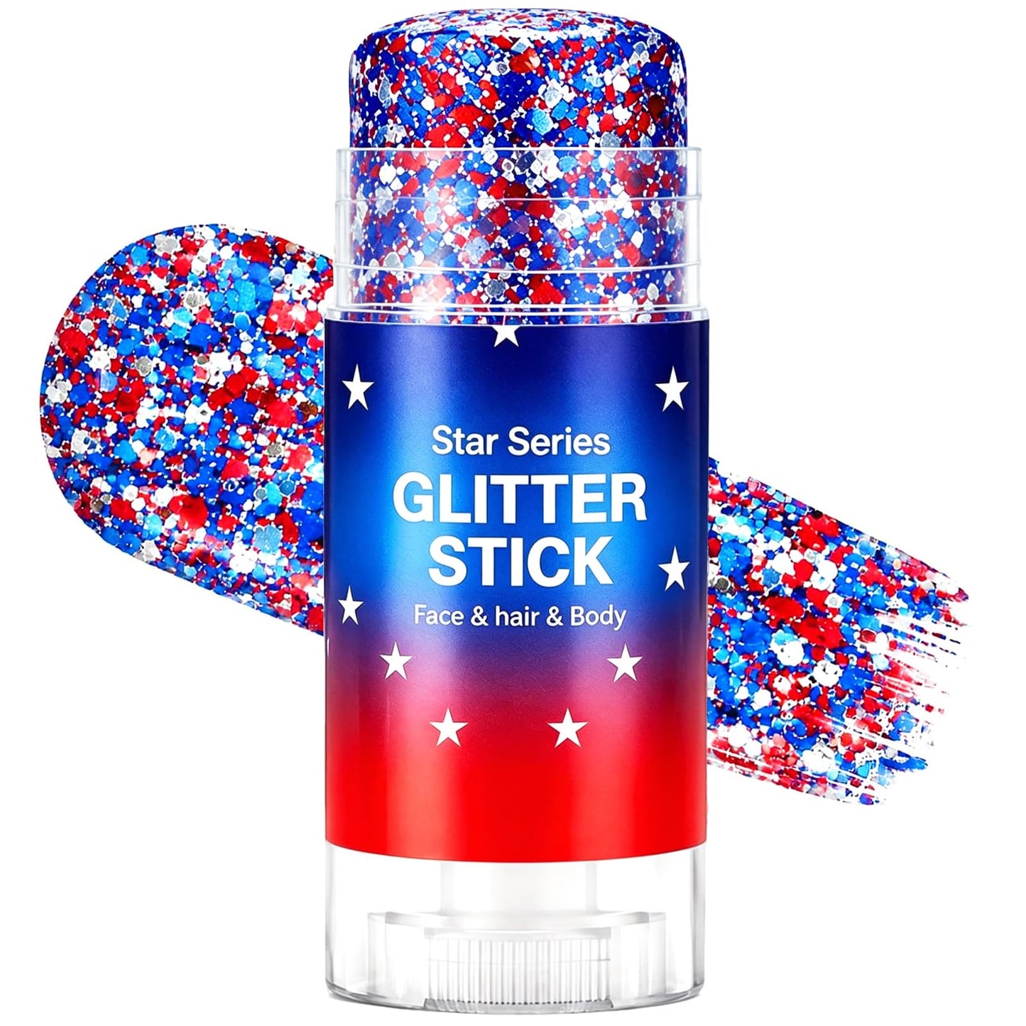 Patriotic 4th of July Body Glitter Stick, Hair Glitter for Kids, Red White and Blue Star Face Glitter Stick, USA Flag Makeup for 250th Independence Day Accessories, 4th of July Outfits for Women