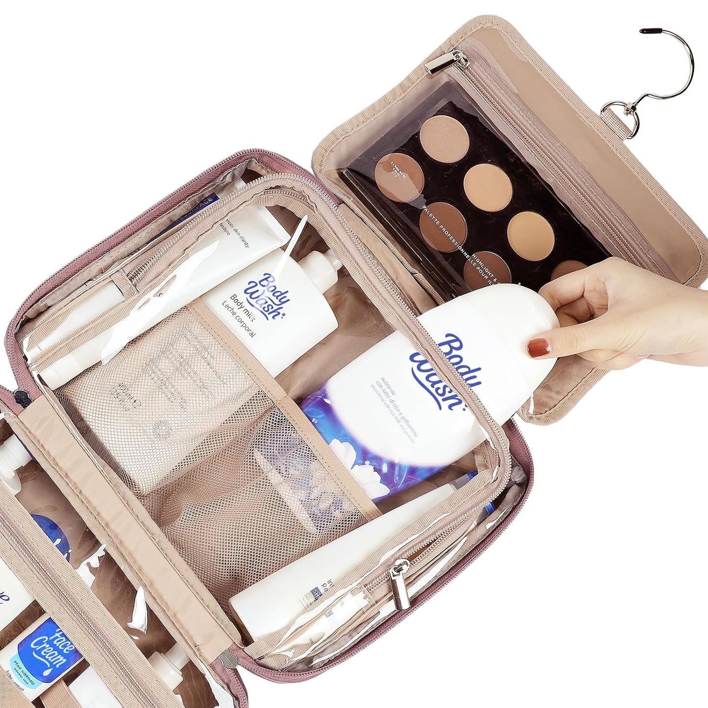 NISHEL Travel Toiletry Bag - Large Makeup Organizer for Women | Hanging Case in Rosewood Pink