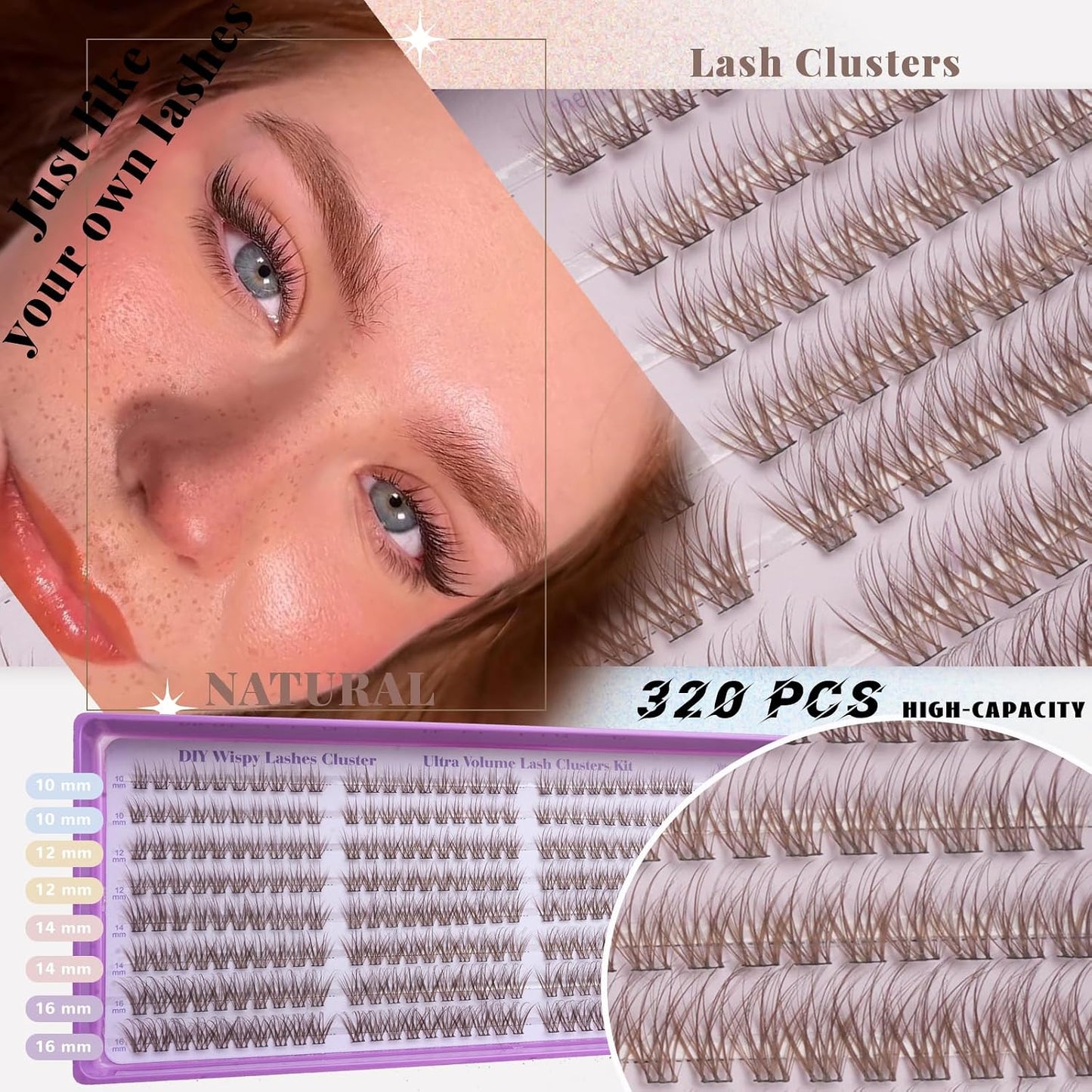 Natural Wispy Lash Cluster Eyelash Extensions - 320 Pcs C Curl 10-16mm Fluffy Individual False Eyelashes for DIY Use