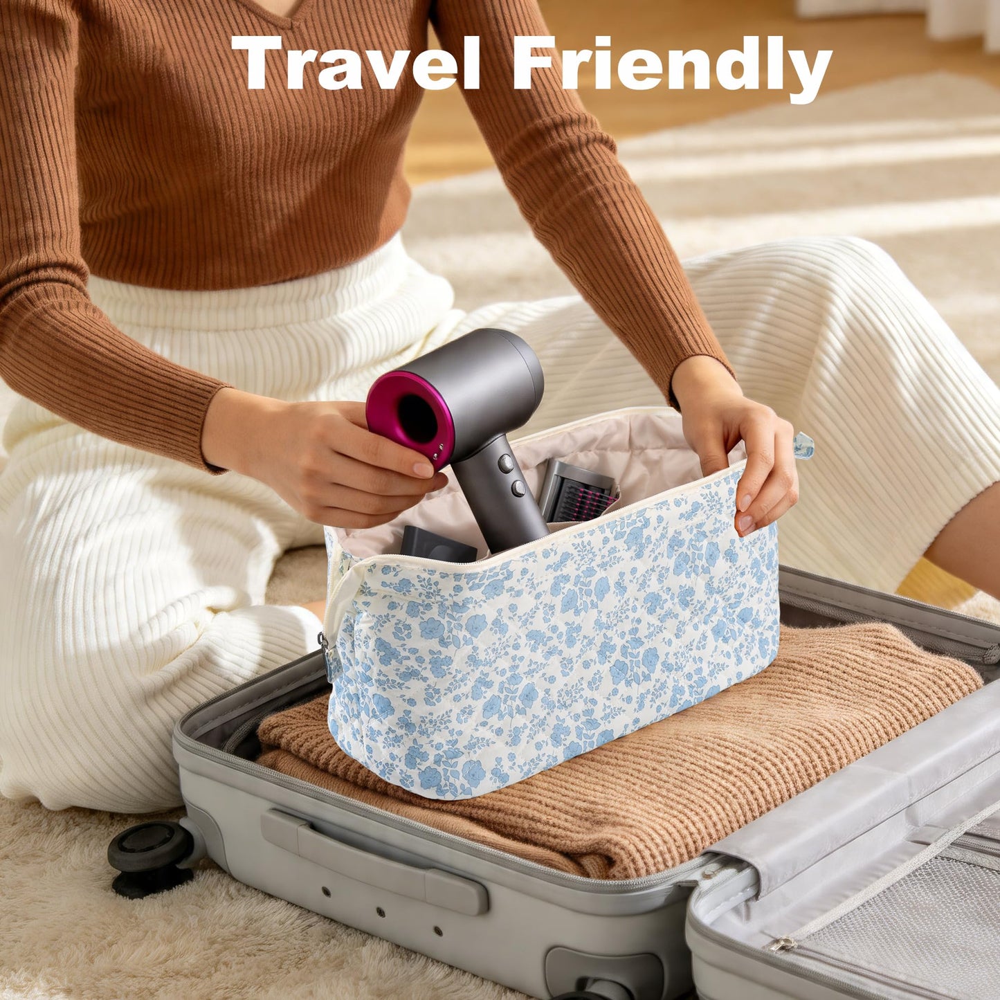 UUYUUY Hair Tools Travel Bag with Divider, Hair Tool Organizer Case for Dyson Airwrap & Shark FlexStyle, Large Capacity Storage Bag for Hair Dryer Curling Iron & Styling Accessories, Blue