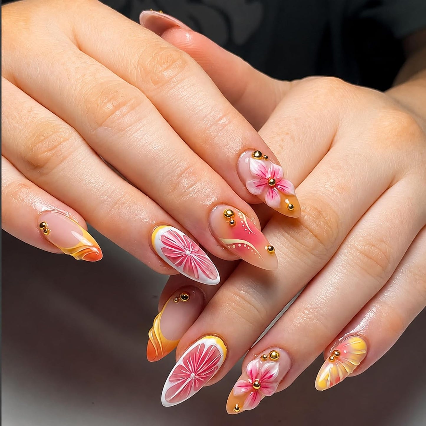 Almond Press-On Nails - Ombre French Tip with Butterfly Designs | 24 Pcs Set for Women