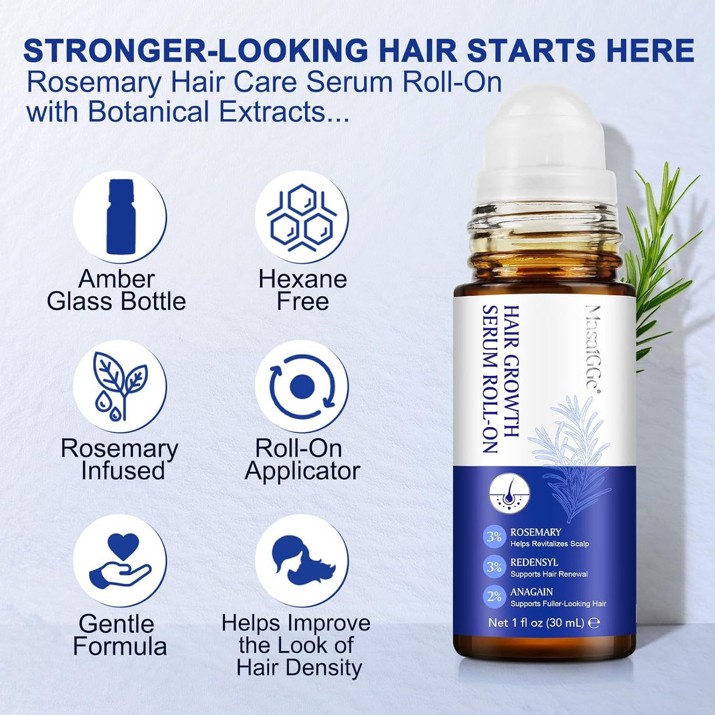 Hair Growth Serum Roll-On - Nourishing 30ml Oil with 3% Rosemary & Redensyl | Supports Scalp Health