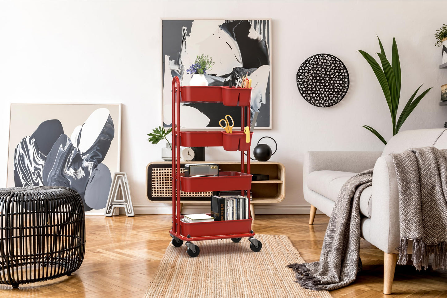 Simple Houseware 4-Tier Rolling Utility Cart with Hanging Bucket, Red