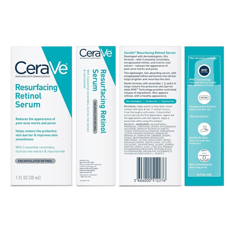 CeraVe Resurfacing Retinol Serum - Brightening & Pore Minimizing Formula with Licorice Root & Niacinamide for Post-Acne Skin Repair | 1 oz