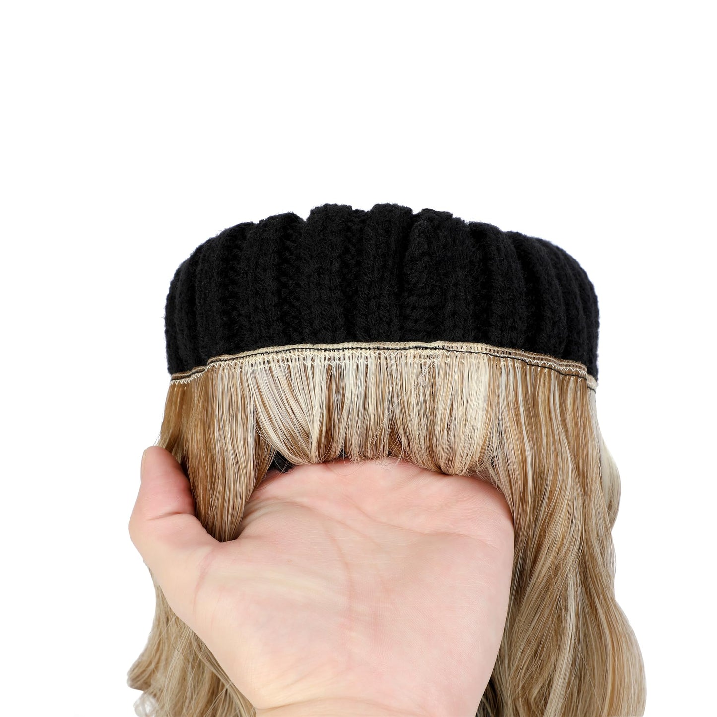 Cephermer Women Beanie Hat with Hair Attached Warm Knitted Pom Cap Attached 14inch Long Wavy Curly Hair Extensions Synthetic Hairpiece