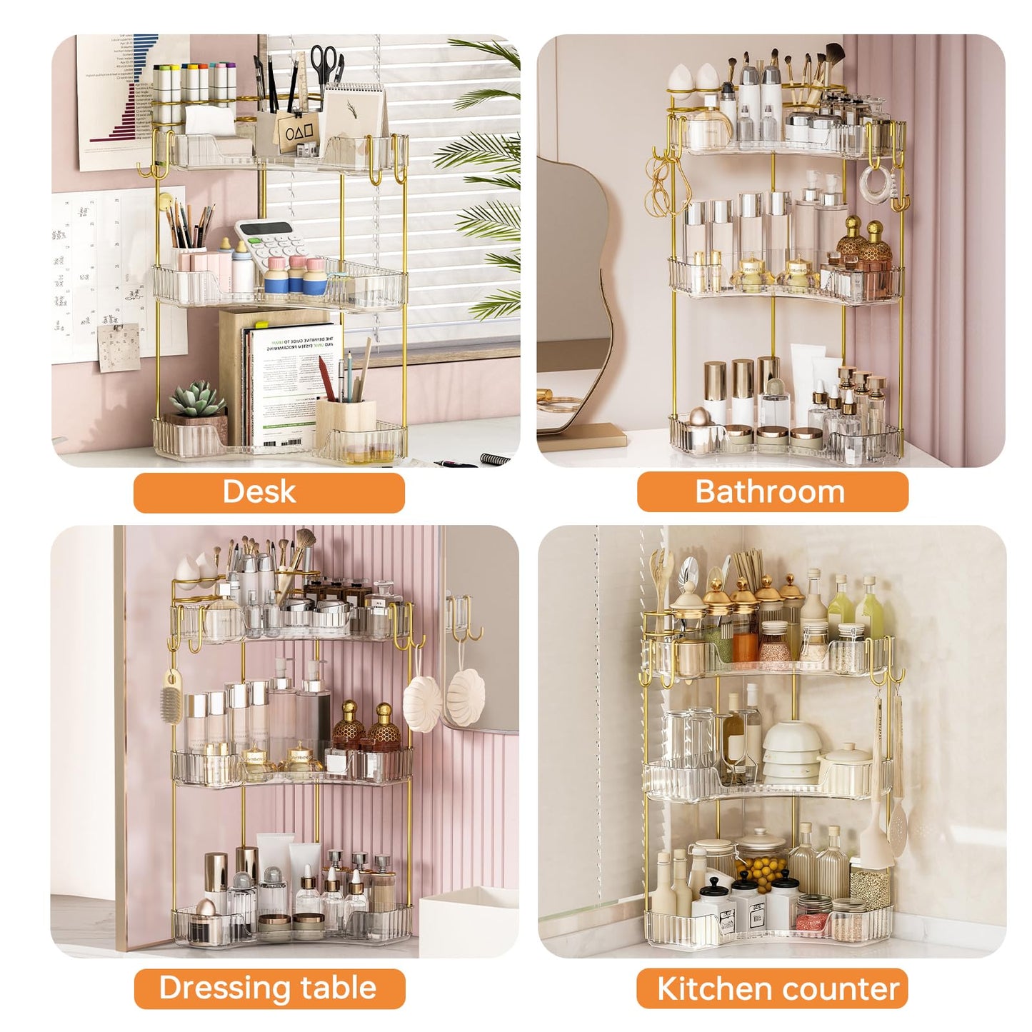 Greenby 3-Tier Corner Bathroom Counter Organizer，Makeup & Skincare Shelf with Built-in Brush Holder，Space-Saving Bathroom Countertop Organizer for Skincare, Perfume, Cosmetics(Clear)