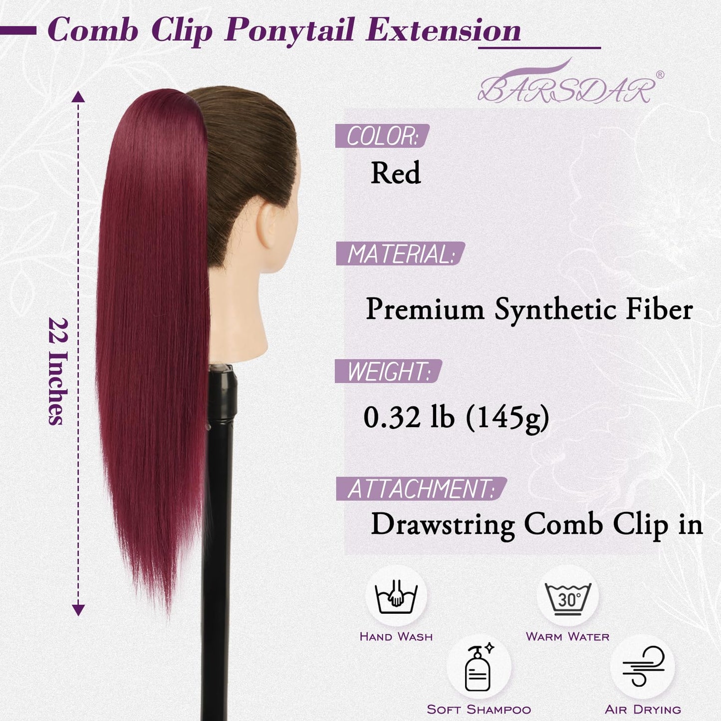 BARSDAR Red Straight Drawstring Ponytail Extension - 22 Inch Long Straight Drawstring Red Ponytail Extension Thick Natural Looking Soft Synthetic Cheer Posh Pony Tails Hairpieces Daily Party