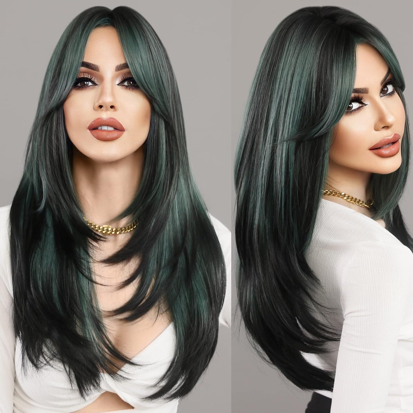 Long Natural Black Wig with Bangs - Heat Resistant Synthetic Hair for Daily Wear
