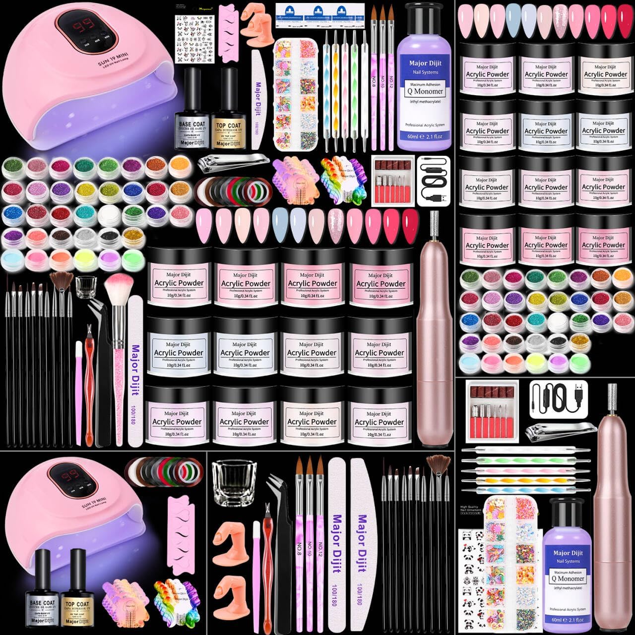 Acrylic Nail Kit for Beginners - Complete Drill Set with 12 Color Acrylic Powders | Home Salon Tools