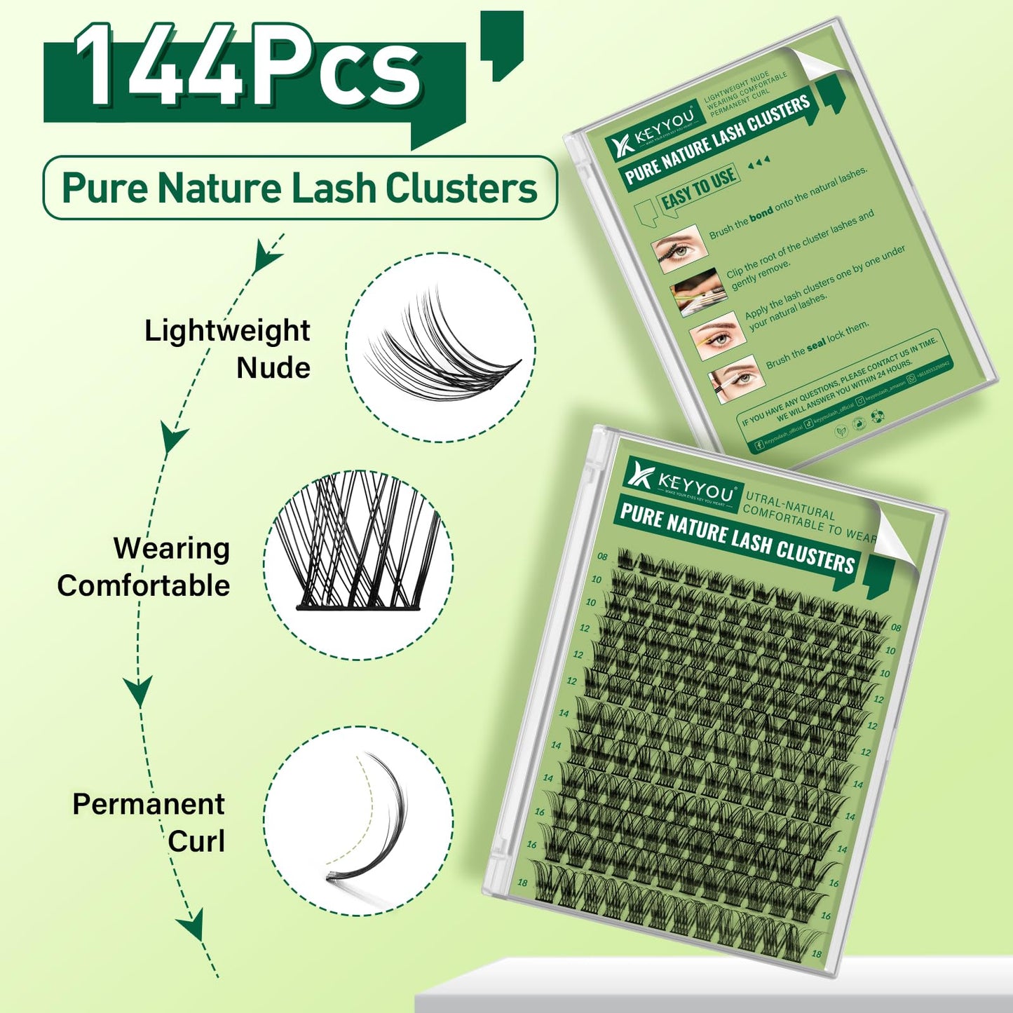 KEYYOU Natural Lash Clusters Wispy Eyelash Clusters 144 pcs Cluster Eyelash Extensions D Curl Individual Lashes 8-16MIX Mix Length Light and Natural Lashes Look with Thin Lash Band(N02-8-16MIX-D)