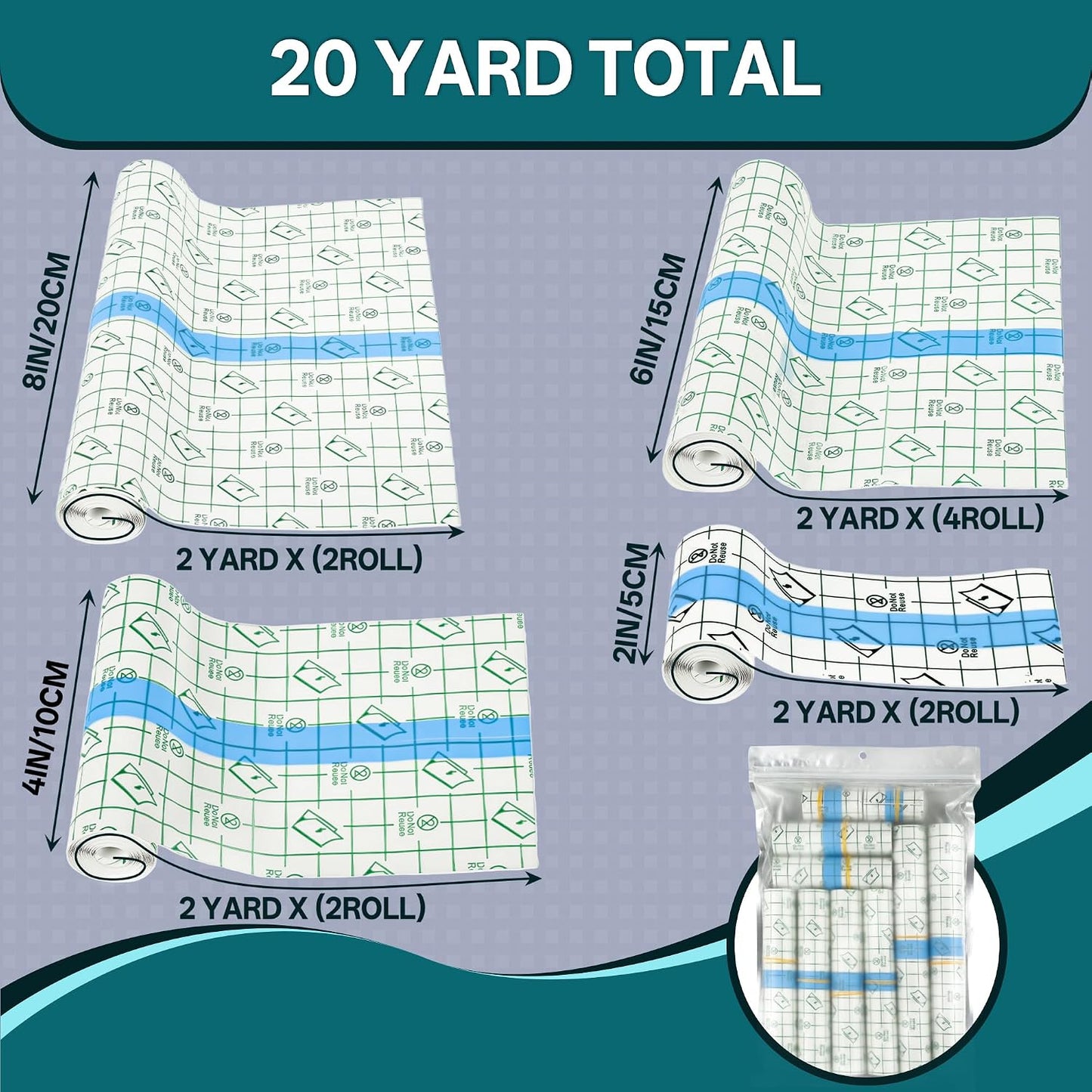 Tattoo Wrap - Waterproof Transparent Bandage Film for Aftercare | 20 Yards, Mixed Sizes (2/4/6/8 Inch)
