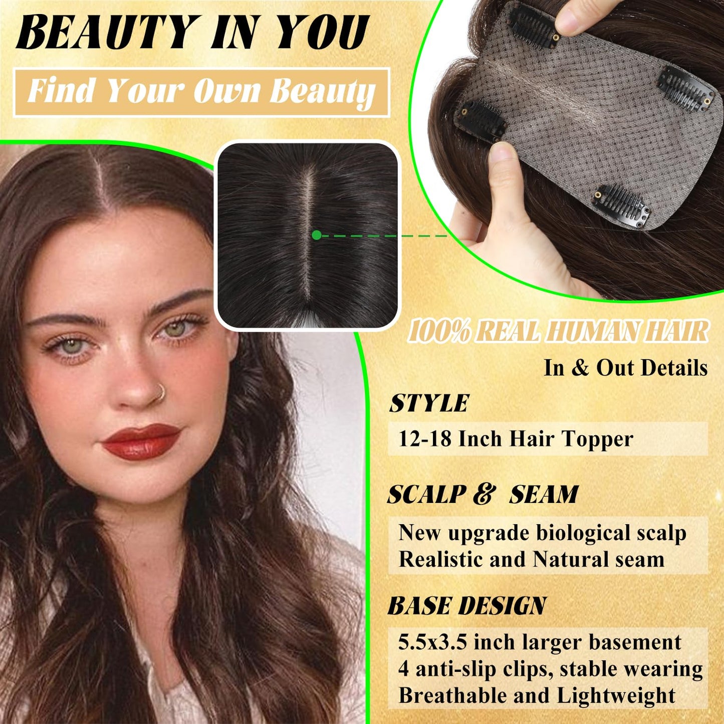 Hair Toppers for Women - Real Human Hair 14 Inch Clip-In Scalp Topper | Light Brown 360° Coverage