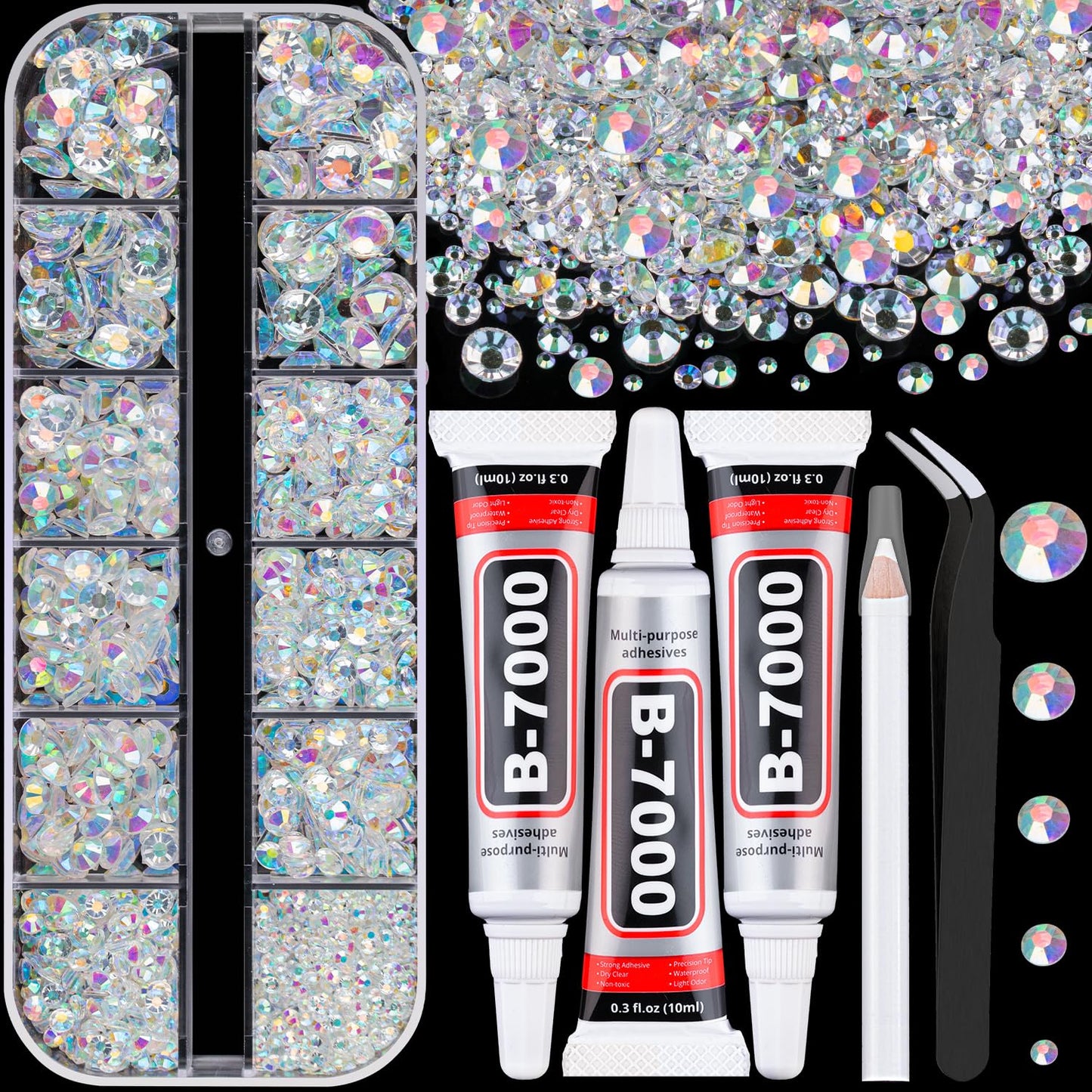 Resin Rhinestones - 32000 Pcs Flatback Gems for Bedazzling | Silver Clear Crystal Kit with 3 Pcs B7000 Glue for Nail Art & Crafts