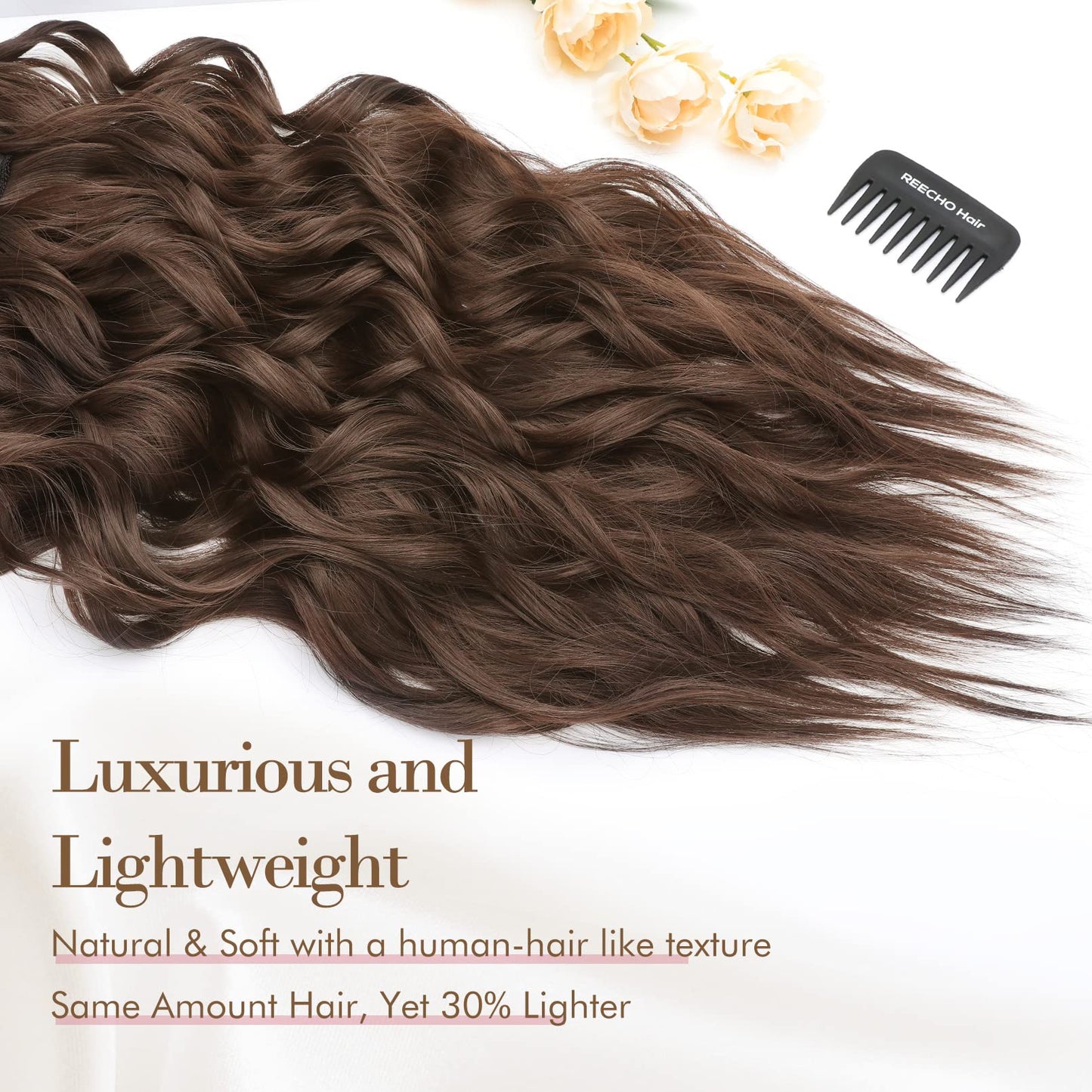 REECHO Hair Extensions, 4PCS Clip in Hair Extensions HE001 Natural Soft Synthetic Hairpieces for Women, Chocolate Brown