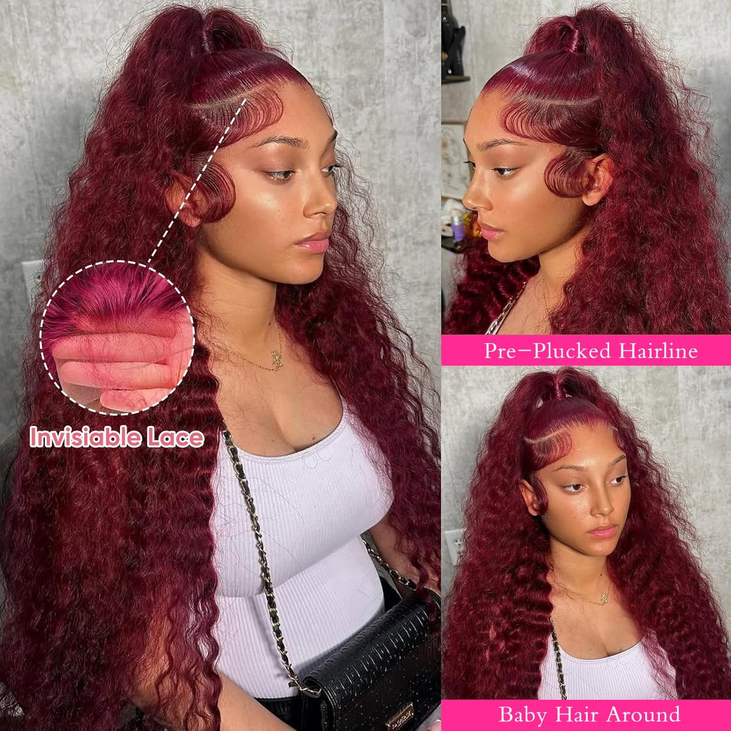 Burgundy 250 Density Human Hair Wig - 30 Inch 13x6 Deep Wave Lace Front | Pre-Plucked HD Transparent Lace Frontal for Women