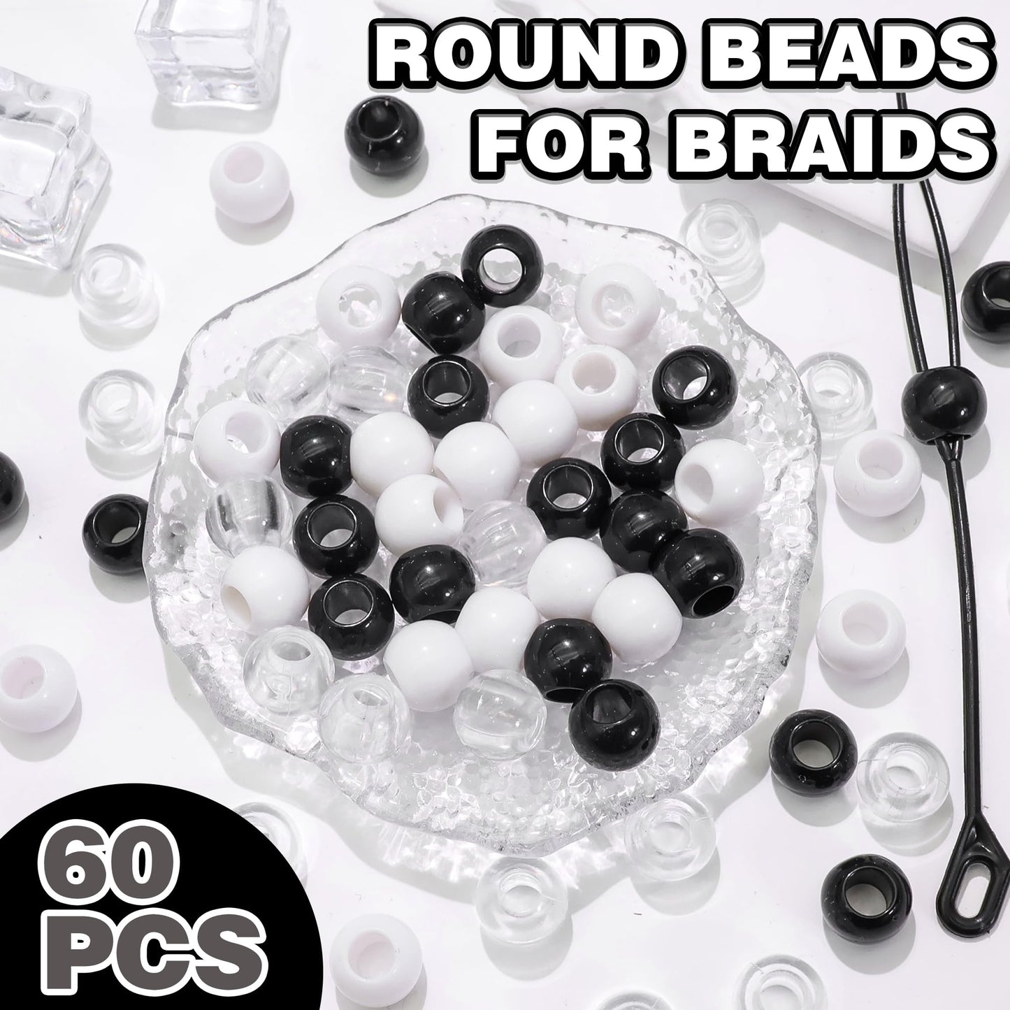 NAISKA 60PCS Black Hair Beads Clear Braids Beads Acrylic Round Loc Bead White Large Hole Dread Bead Versatile Dreadlock Accessories for Unisex