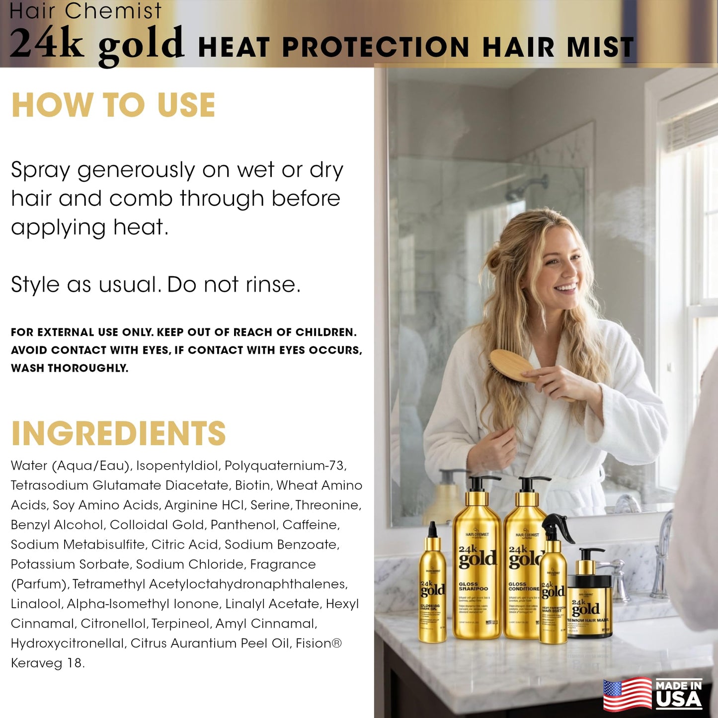 Hair Chemist 24k Gold Heat Protection Hair Mist 8 Ounce– UV & Thermal Heat Protectant Spray for Blow Drying & Flat Iron– Anti-Frizz and Shine, Lightweight, Non-Greasy Hydrating Formula– All Hair Types