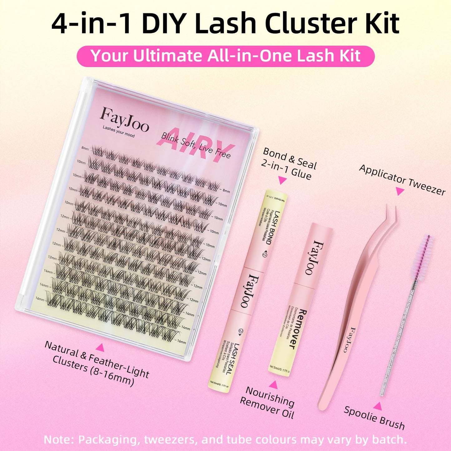 Natural Wispy Soft Lash Clusters Kit with 0.05mm Invisible Band, C Curl 8-16mm, DIY Salon Eyelash Extensions with Bond Seal Remover Tweezer, FayJoo AIRY 11 Kit