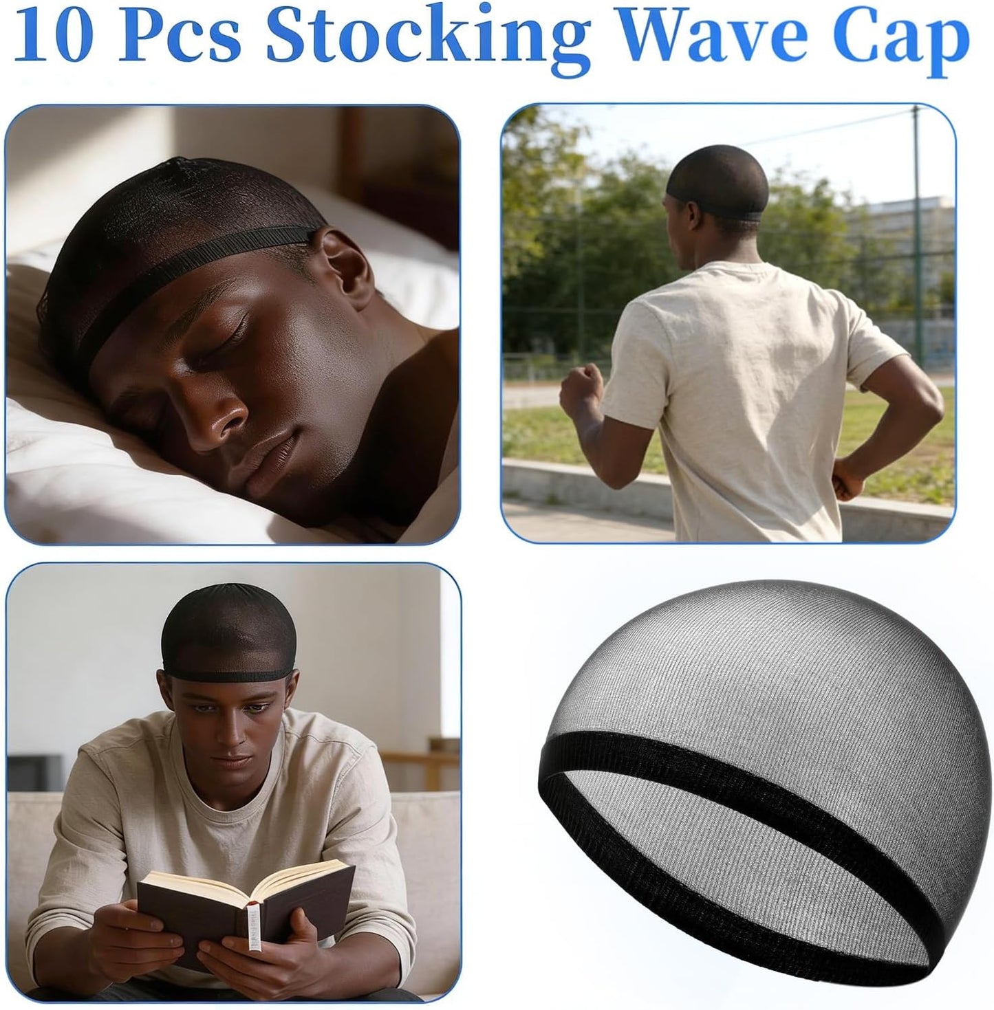 Wave Cap for Men - 10 Pack Soft Breathable Black Stocking Caps | Comfortable Elastic Hair Caps for Sleeping & Exercise