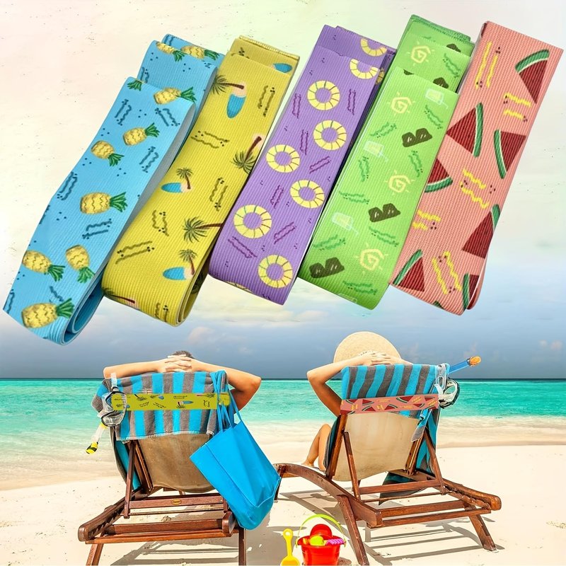 5 Pack Beach Towel Bands for Chairs, Elastic Windproof Towel Holders Clips, 30cm Tropical Print Towel Straps, 5 Mixed Colors for Beach Pool Cruise Vacation