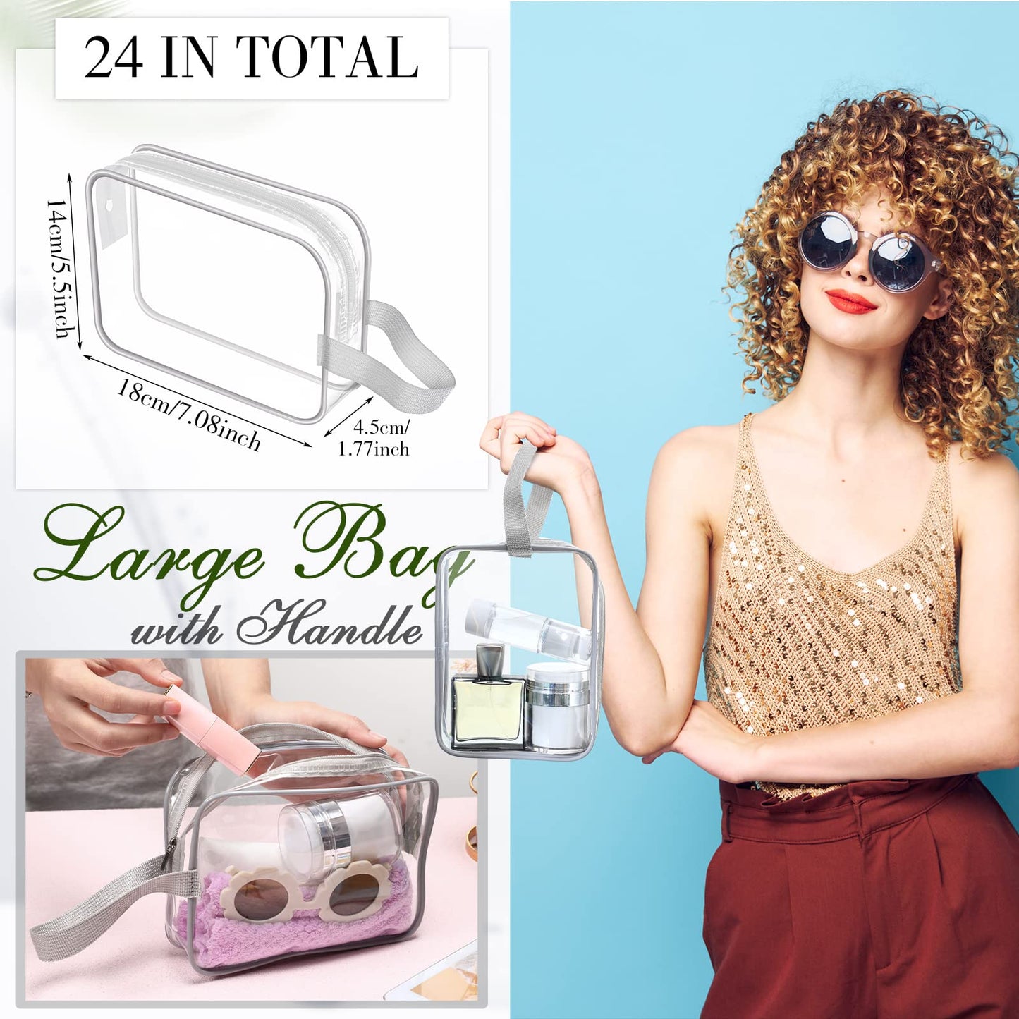 Silkfly 24 Pack Gray Clear Toiletry Bag PVC Travel Cosmetic Bag with Handle Strap Makeup Pouch with Zipper for Women Summer Vacation Salon Teacher Gift