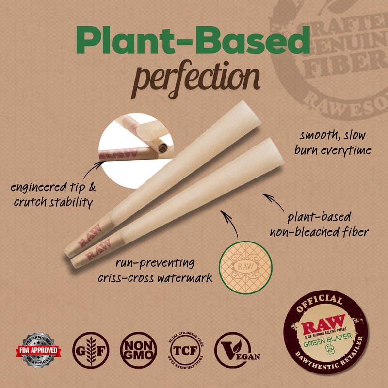 RAW Cones Classic King: 50 Pack Patented Slow Burning Cones Rolling Papers with Tips, All Natural RAW Paper, 109mm, Green Blazer Preroll Loader