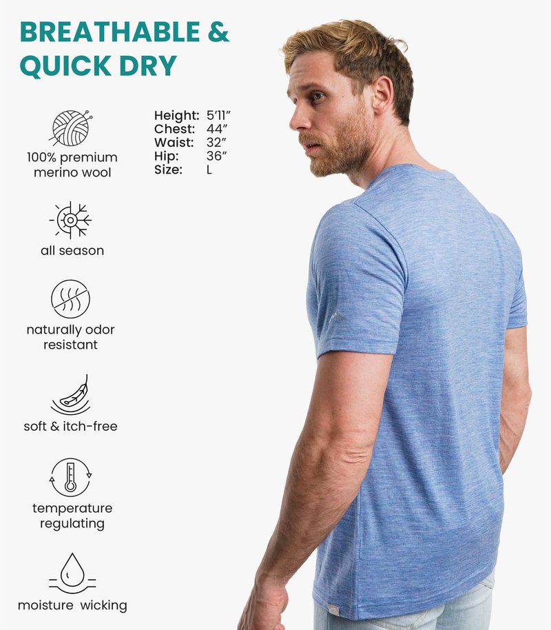 Merino.tech Merino Wool T-Shirt Mens - 100% Merino Wool Undershirt Lightweight Base Layer (Woodland Grey Blue, Large)