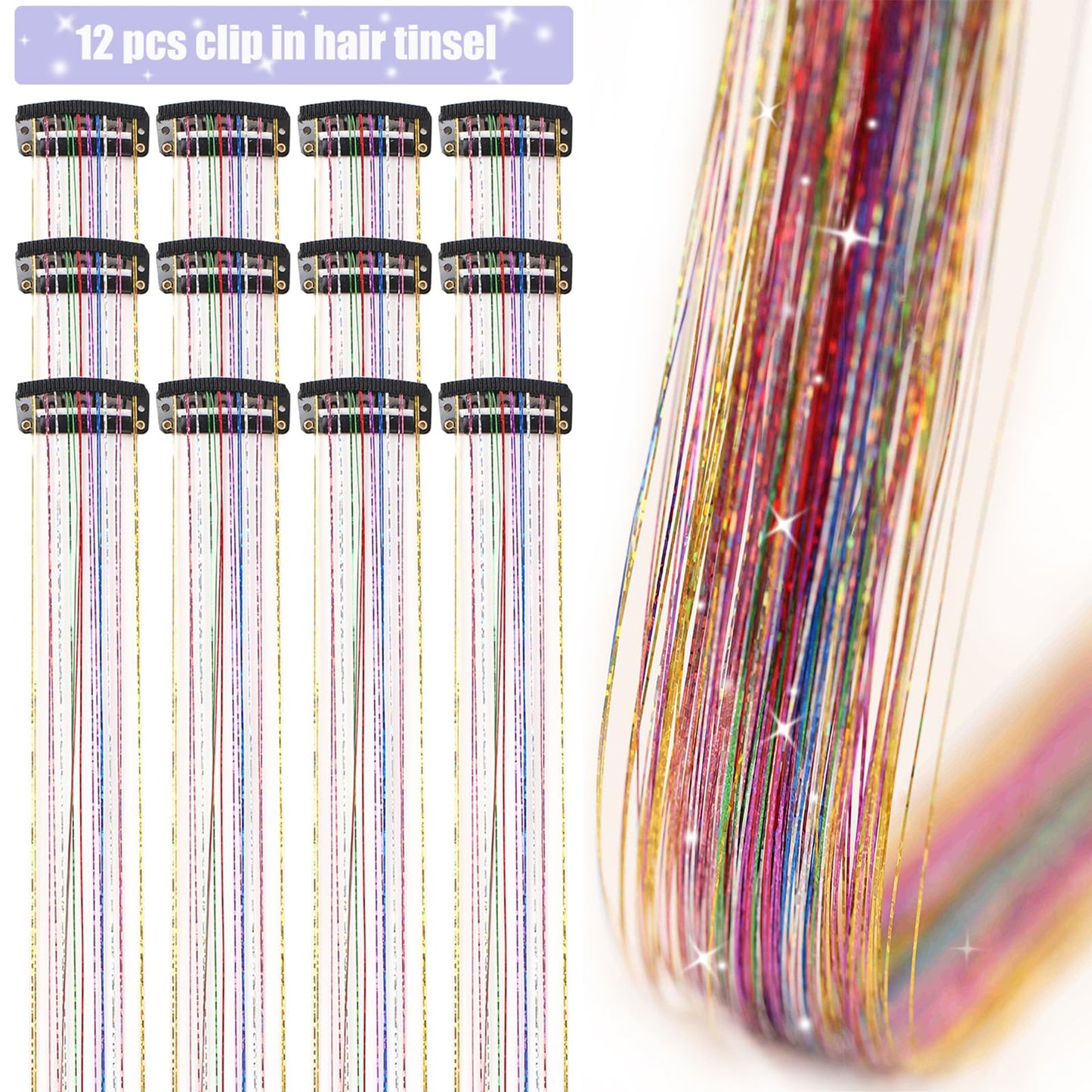 Hair Tinsel 12 Pcs Clip in Hair Tinsel Kit 20.5 Inch Glitter Shiny Sparkly Fairy Tinsel Hair Extensions Heat Resistant Party Festival Accessories for Women (Colorful)