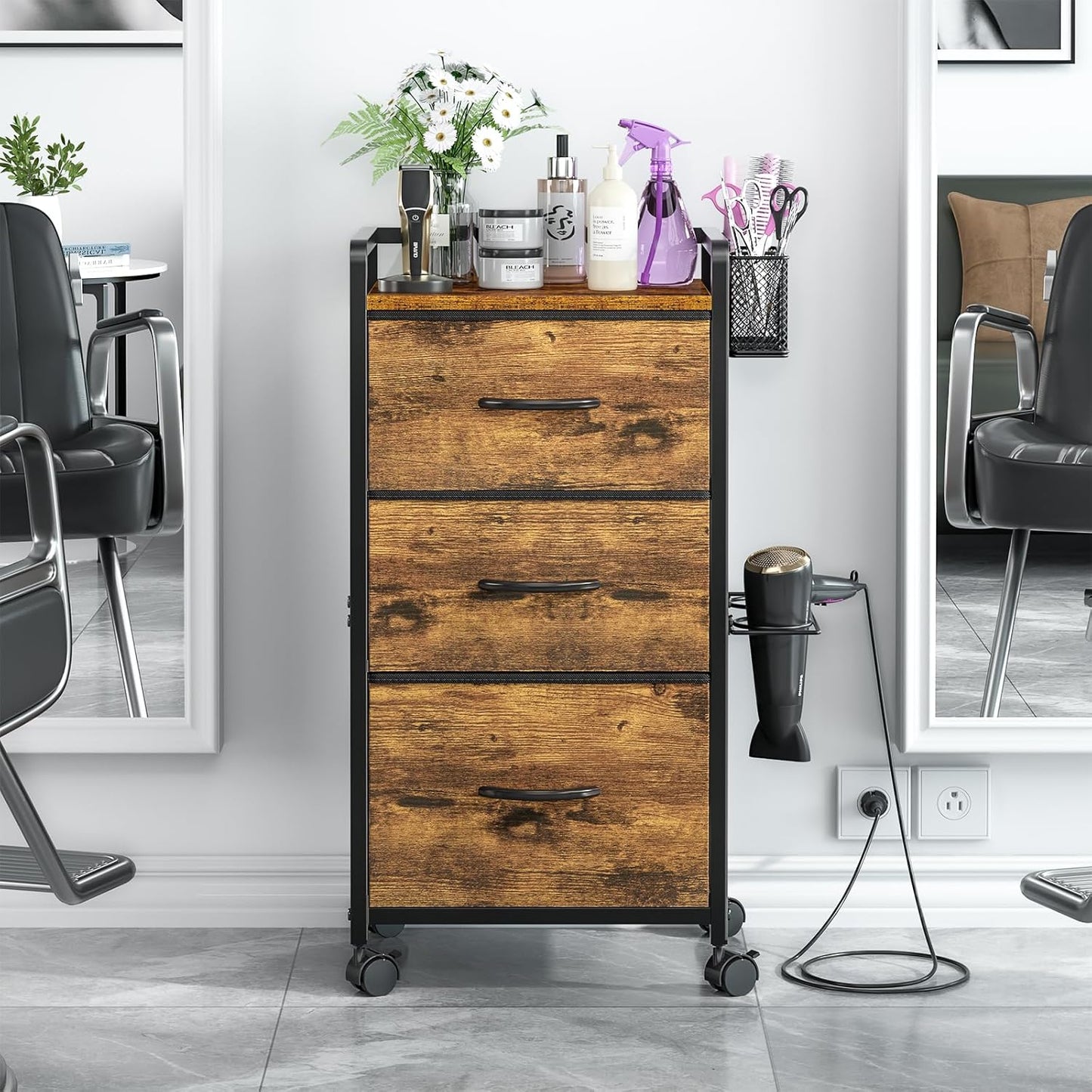 Rolling Salon Trolley Cart - Mobile Hair Stylist Station with Metal Tool Holder & 3 Fabric Drawers | Rustic Brown