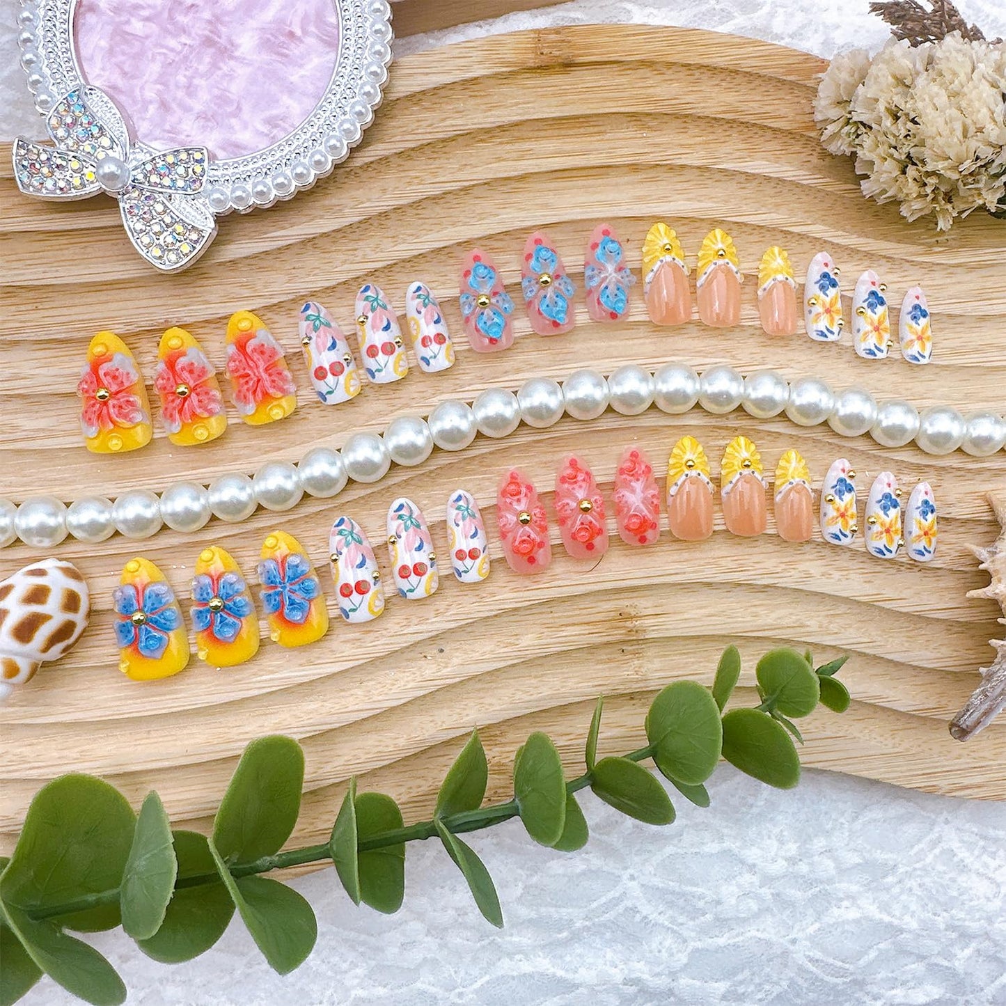 30Pcs Summer Press-On Nails - Medium Almond 3D Lemon French Tip Acrylic Nails | Full Cover Floral Design