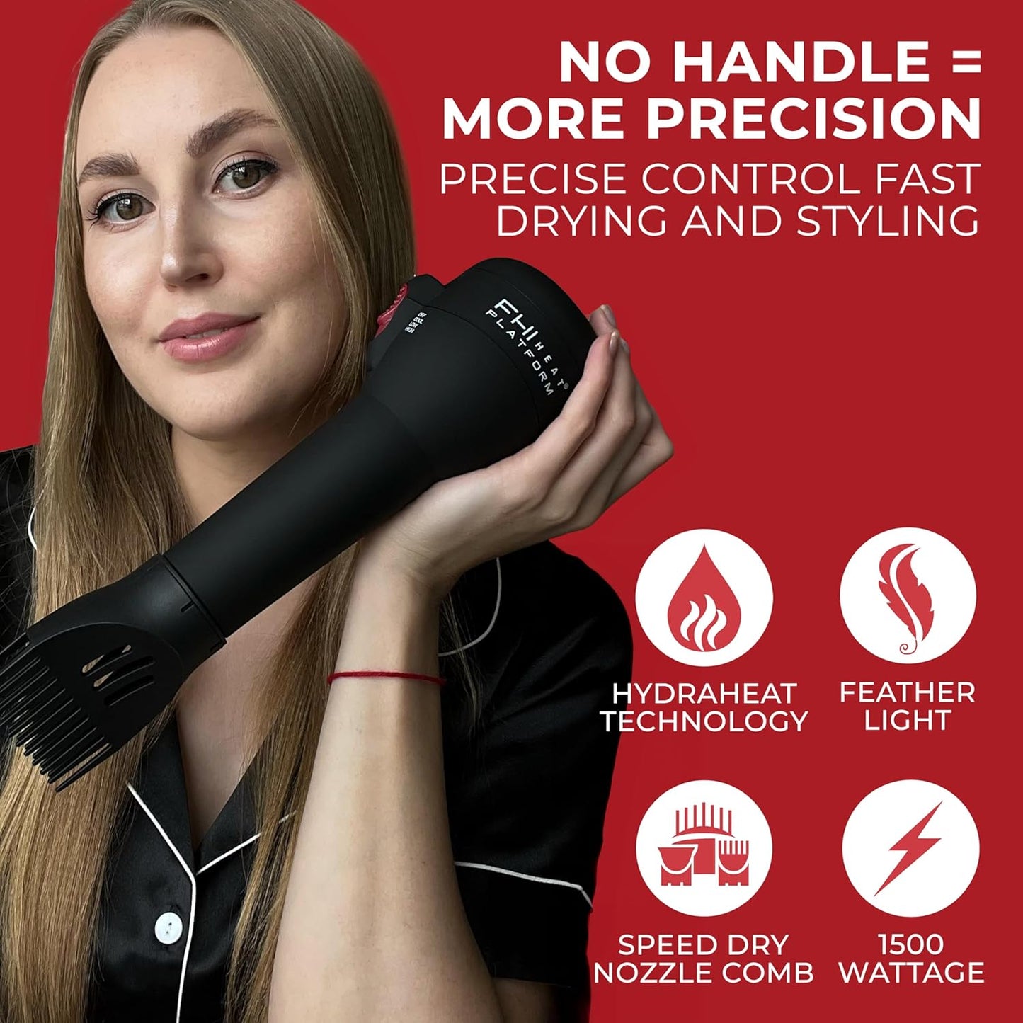 FHI Heat Hair Dryer - Handle-Less Negative Ion Blow Dryer for Frizz-Free Styles | Lightweight with Diffuser, Nozzle & Comb