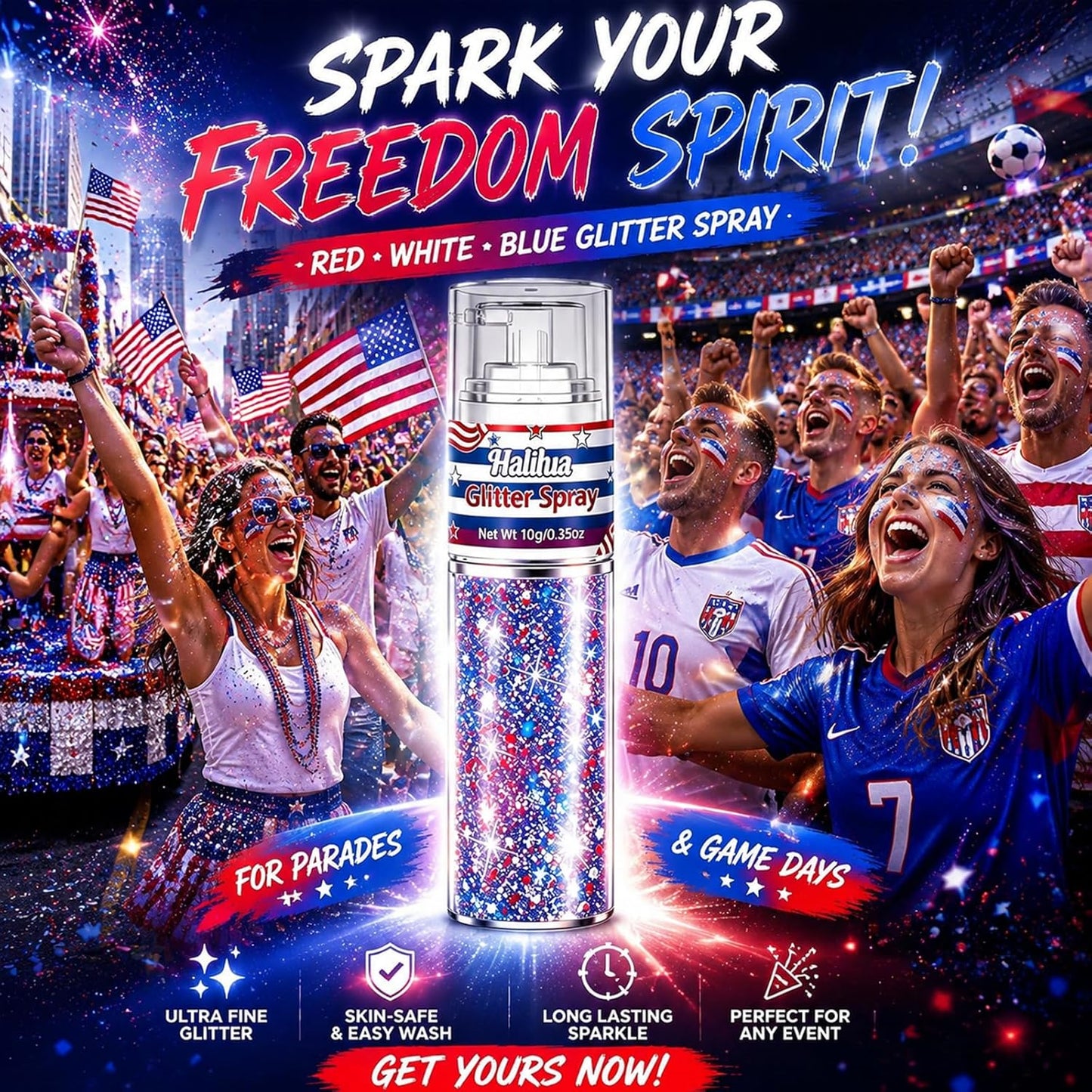 Red White Blue Glitter Spray - Patriotic Hair & Body Shimmer for 4th of July | Quick Dry, Lightweight Sparkle for Parties