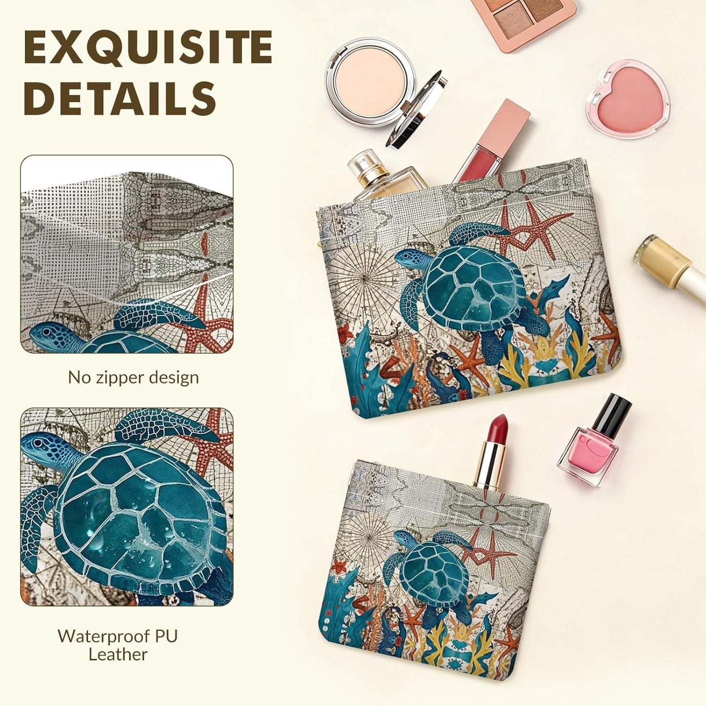 Makeup Bag Set - 2 PCS PU Leather Cosmetic Organizer | Portable Self-Closing Pouch for Women - Sea Turtle Design