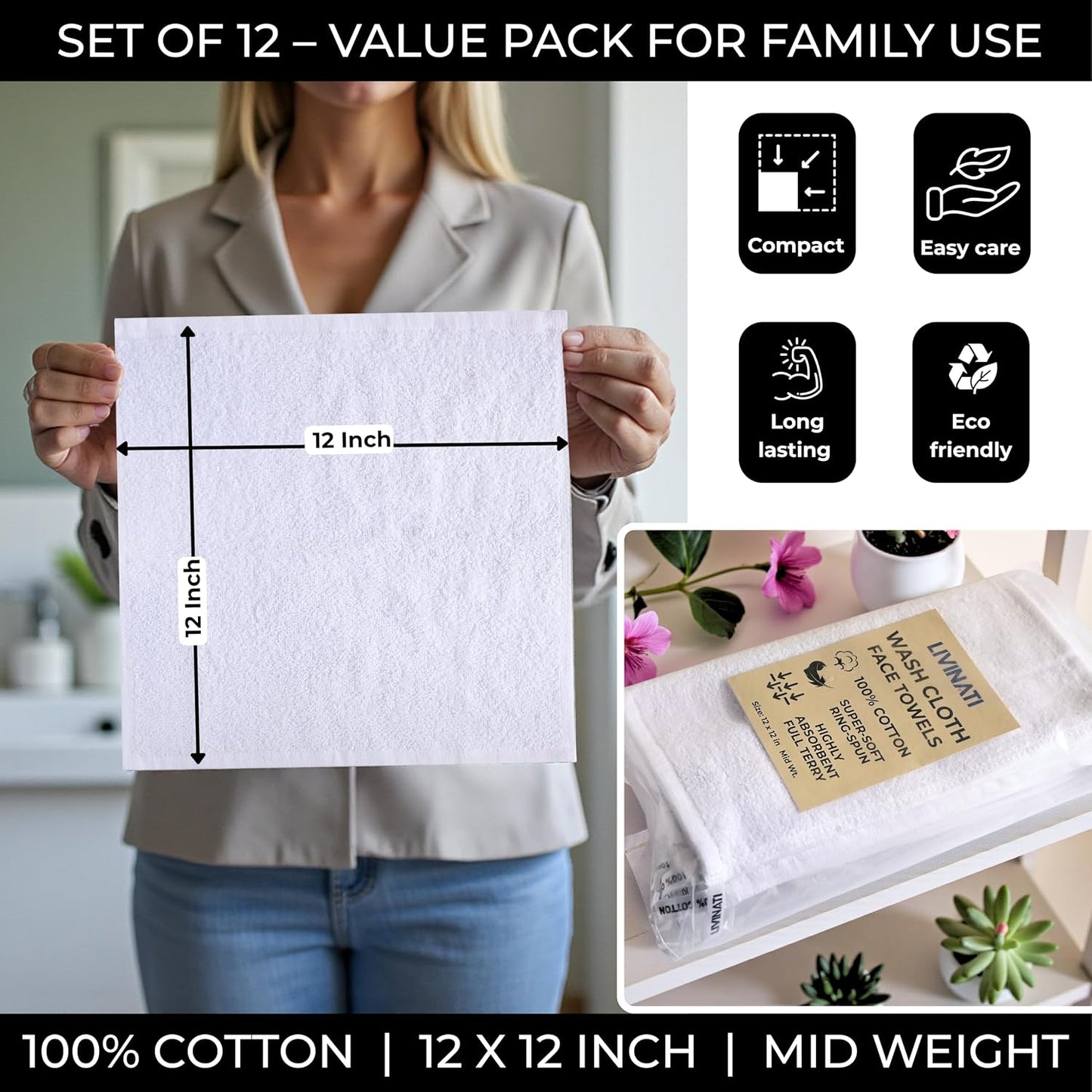 100% Cotton Wash Cloths - Soft Absorbent Terry Towel for Body & Face | 12 Pack, 12”x12”
