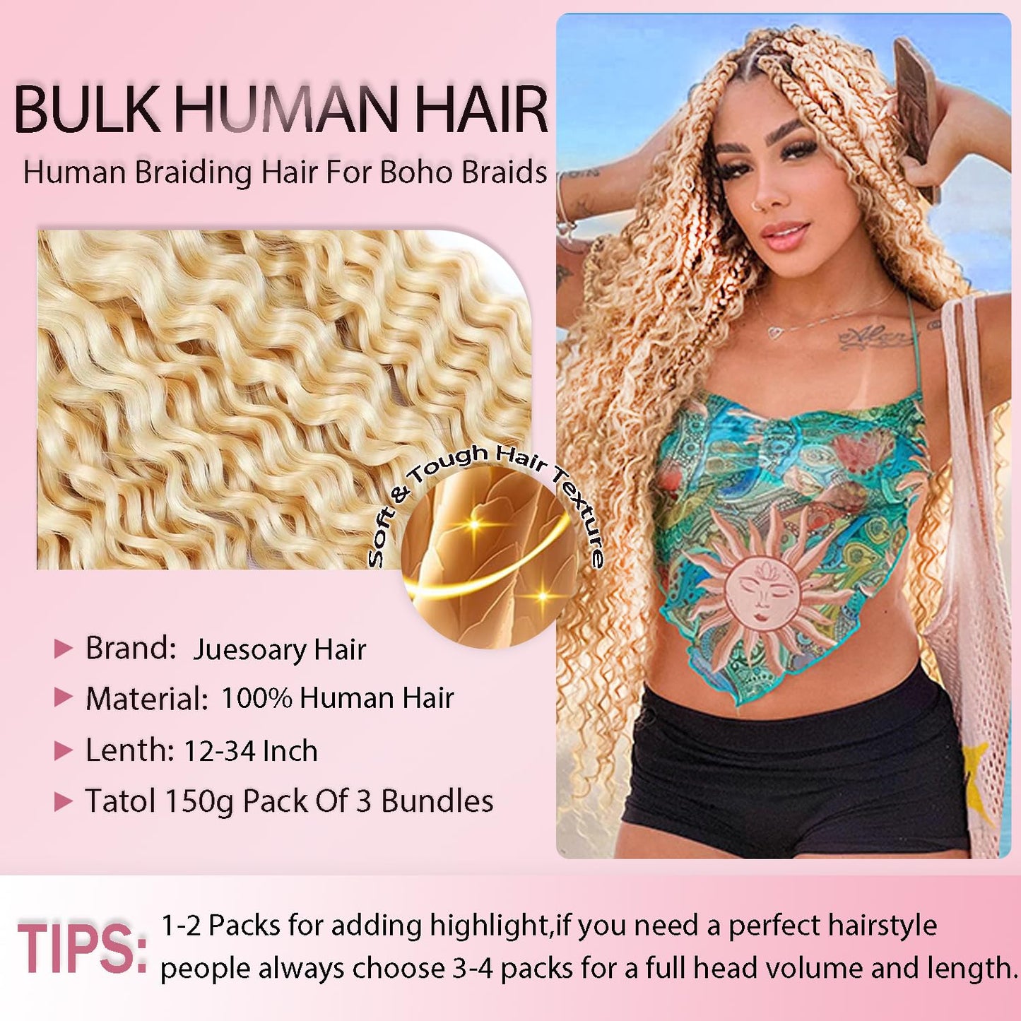 #613 Blonde Human Braiding Hair for Boho Braids 150g 3 Bundles 26 26 26 Inch Blonde Deep Wave Bulk Hair No Weft #613 Curly Human Hair Extensions for Braids Wet and Wavy Braid