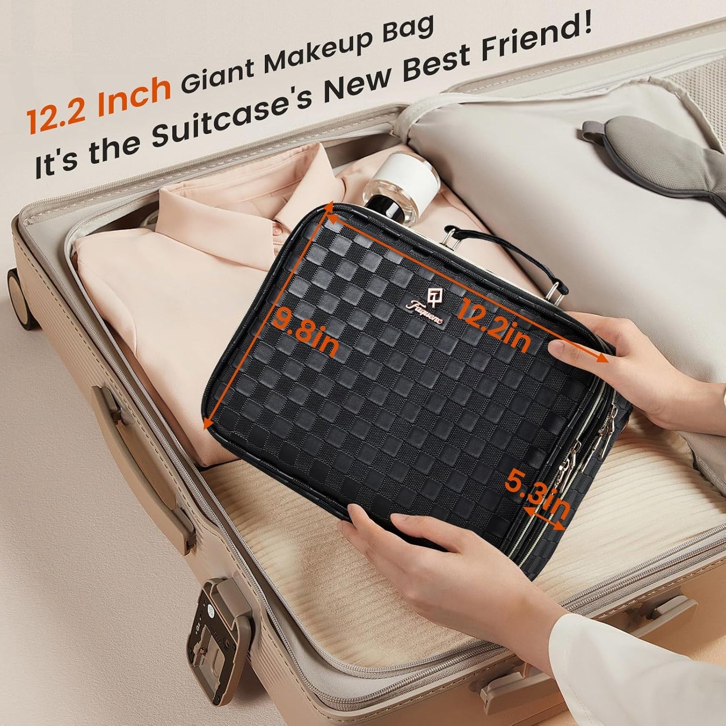 LED Lighted Makeup Bag - Double Layer Cosmetic Train Case with Adjustable Brightness | Black Checkerboard Design