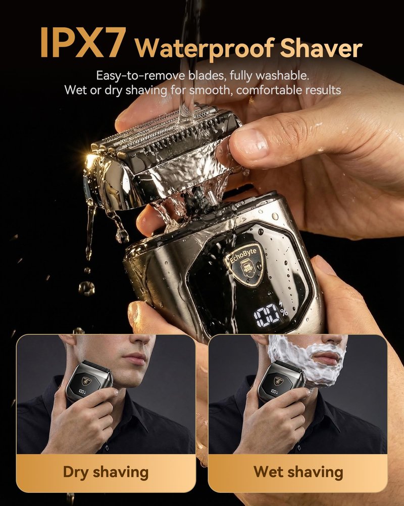 EchoByte Full Metal Electric Foil Shaver for Men: 4 Floating Blades, IPX7 Waterproof Wet & Dry Mini Razor, 120-Min Runtime USB-C Rechargeable, Quiet Travel Groomer with LED Display (Silver)