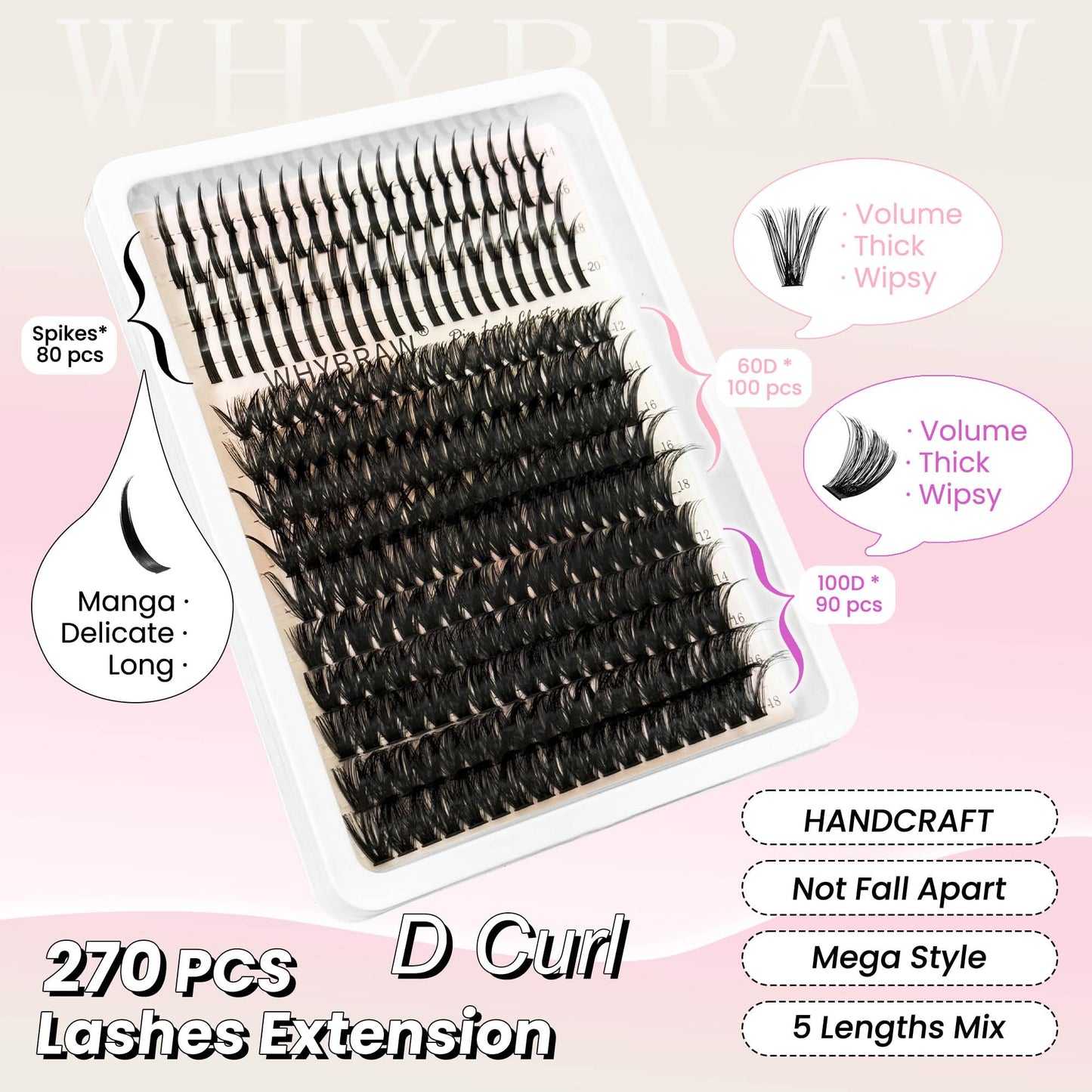 Lash Clusters with Spikes Eyelash Clusters D Curl Manga 60D 100D Long 12-20mm Wispy Volume Individual Lashes DIY Spiky Lash Extension Mega Extensions Thick Cluster Eyelash