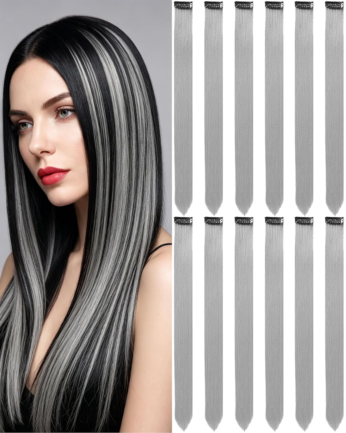 Clip-In Black Hair Extensions - 22 Inch Long Synthetic Hairpieces for Women | Party Highlights