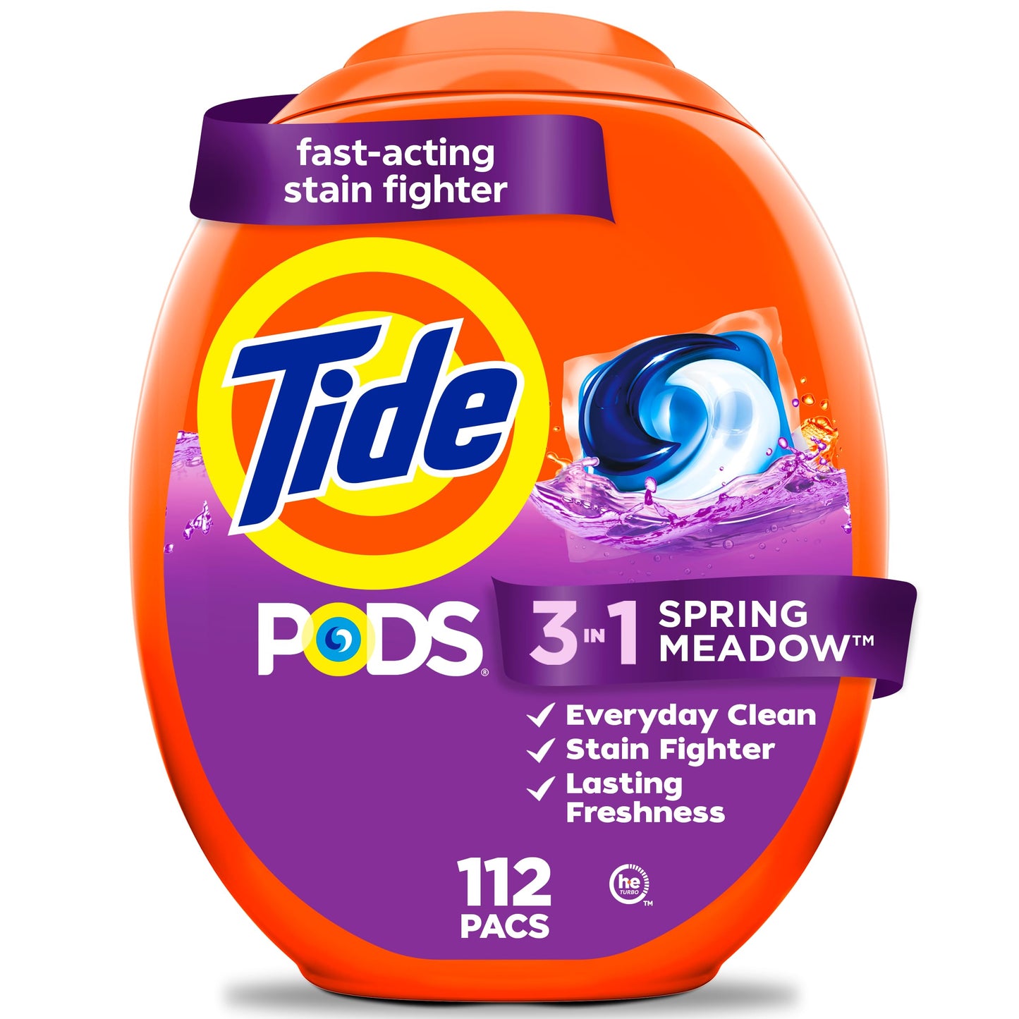 Tide PODS laundry detergent pacs, 3-in-1 Stain Remover, Odor Fighter, Color Protector, 112 Count, HE compatible, Spring Meadow Scent