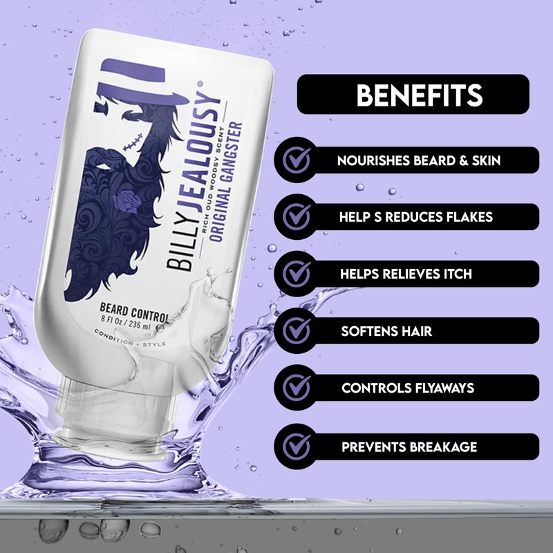 Billy Jealousy Original Gangster Beard Control Leave In Beard Conditioner for Men with Aloe Leaf Juice and Panthenol Softens Hair and Skin, Light Hold with Matte Finish, 8 Fl Oz