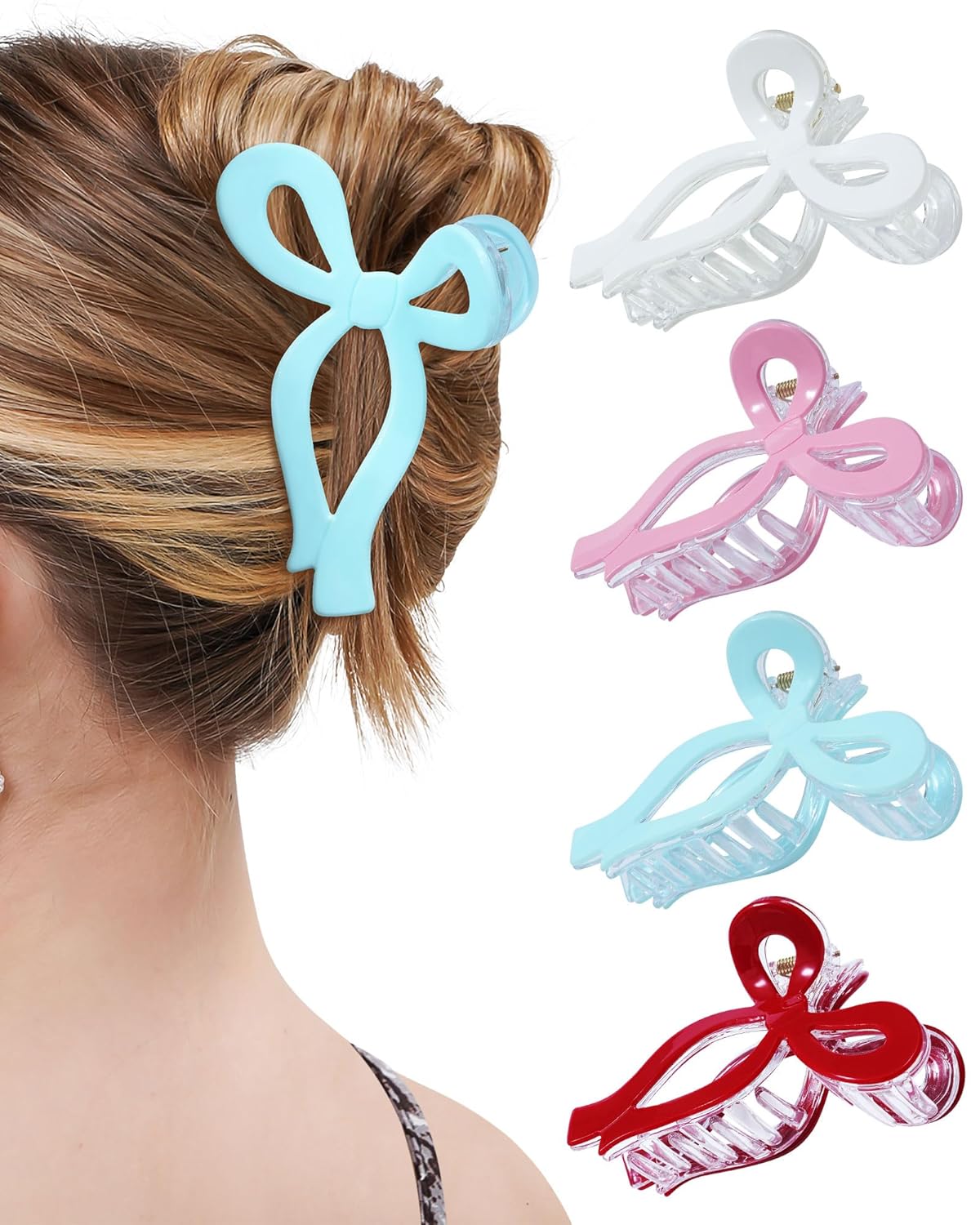 Bow Hair Claw Clips - 4 Pack Nonslip Large Grip for Women | Strong Hold Hair Jaw Clamps in Black, Burgundy, White, Red Polka Dots