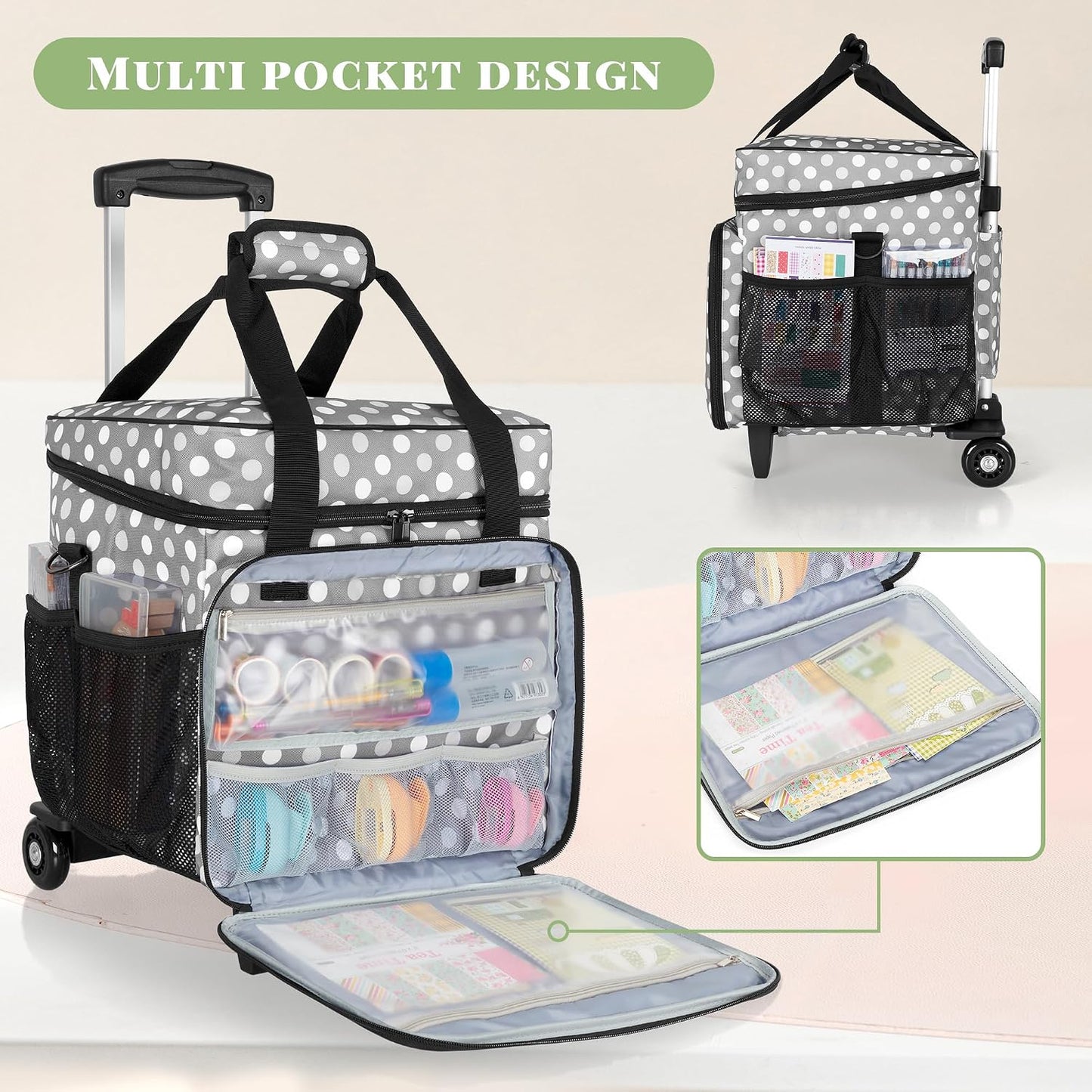 LUXJA Rolling Scrapbook Tote - Detachable Dolly Design for Easy Transport | Gray Dots
