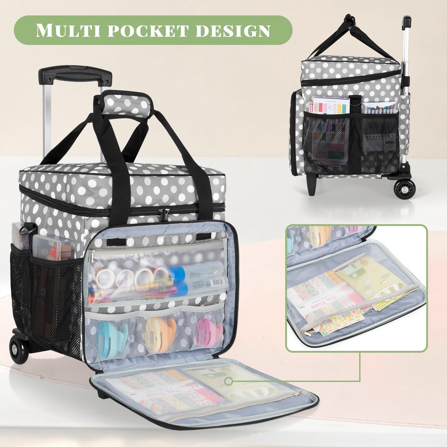 LUXJA Rolling Scrapbook Tote, Scrapbook Bag with Detachable Dolly (Patented Design), Gray Dots