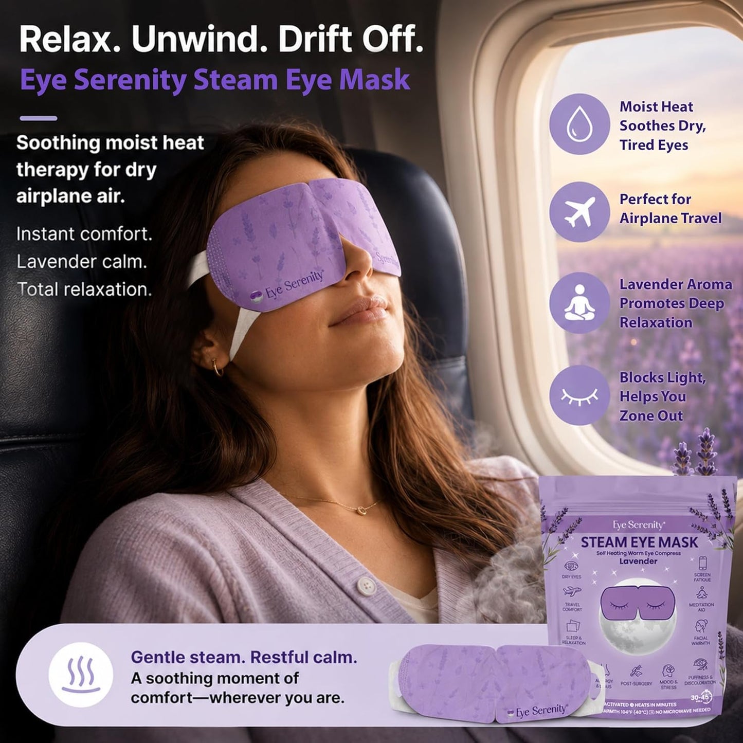 Heated Eye Mask - Eye Serenity Steam Mask for Dry Eyes | Moist Heat Relief for Styes & Puffiness - Lavender