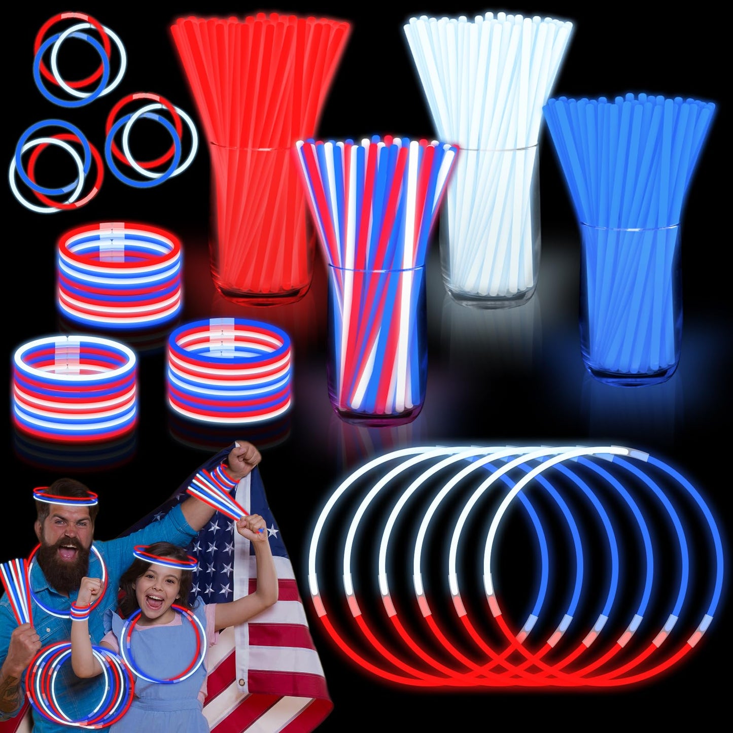 4th of July Red White Blue Glow Sticks Bulk with Connectors 100 PCS, Fourth of July Light Up Necklaces Bracelet Accessories for Kids Adults, 250th Anniversary Patriotic Party Favors Independence Day
