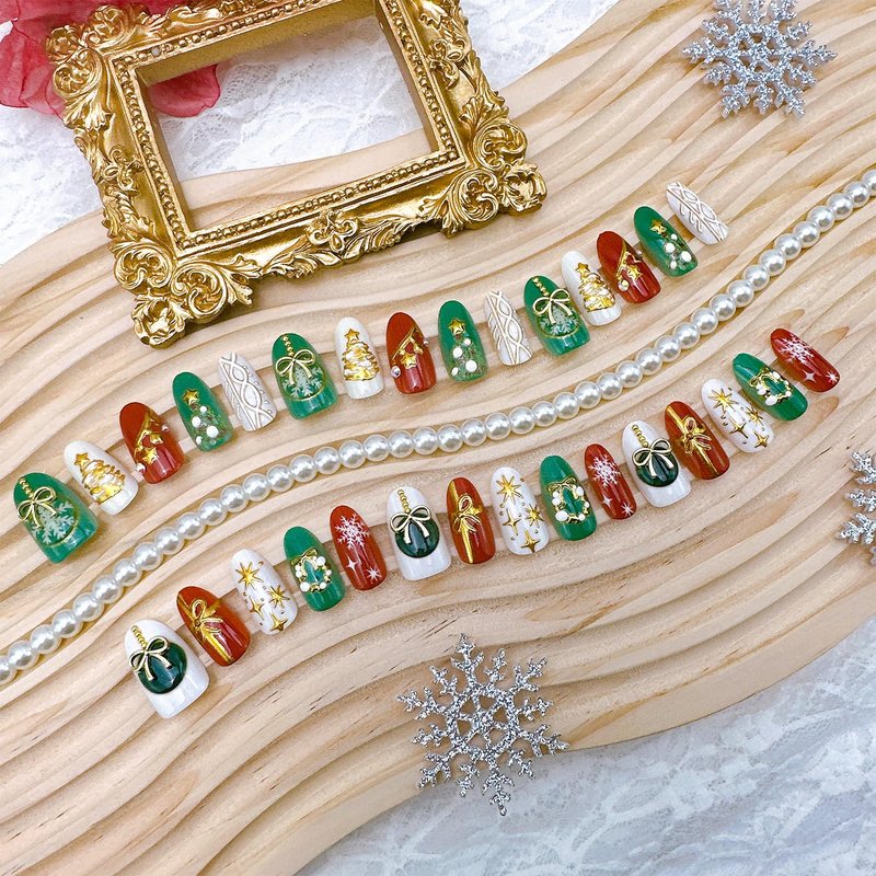 30pcs Winter Christmas Press on Nails Medium Almond Fake Nails with 3D Gold Christmas Tree Bow Star Rhinestones Design Xmas Snowflake False Nail New Year Full Cover Stick on Nails for Women