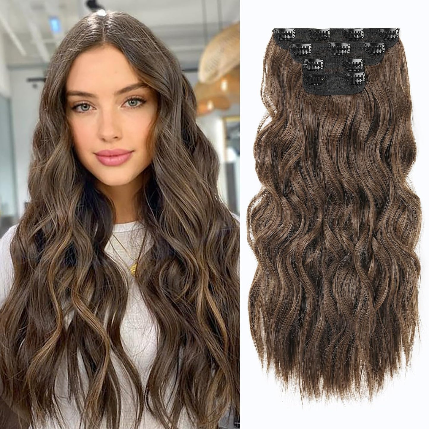Clip-In Hair Extensions - 4PCS Natural Soft Synthetic Hairpieces for Women | Chocolate Brown